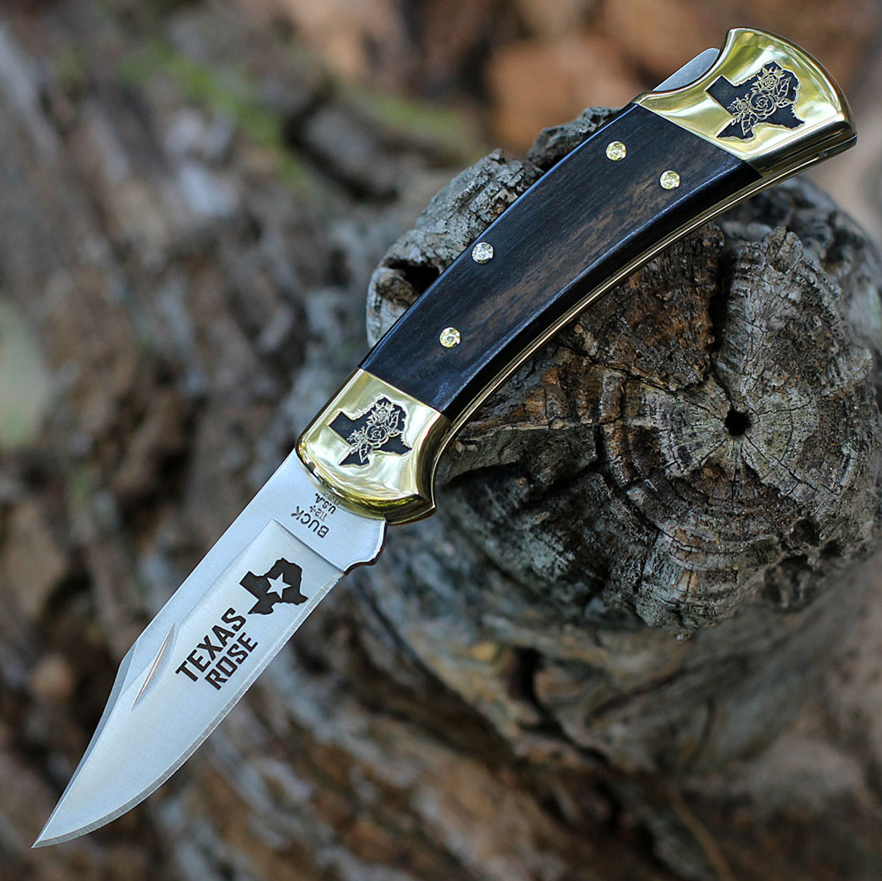 Brian Yellowhorse Custom Buck 112 Texas Rose (YH392) 3.00" Satin 420HC Stainless Steel Clip Point Blade w/ Texas Rose Etching, Ebony Wood Handle w/ Etched Brass Bolsters
