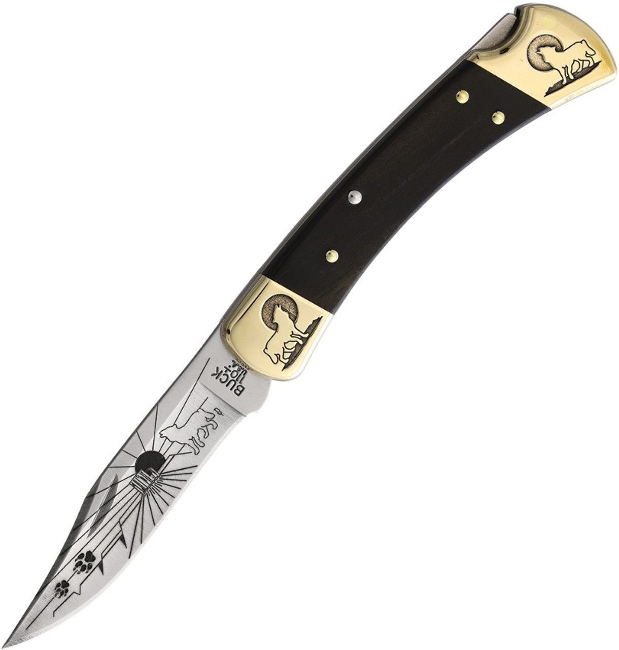 Brian Yellowhorse Custom Buck 110 Wolf (YH356) 3.75" Satin 420HC Stainless Steel Clip Point Blade w/ Wolf Etching, Ebony Wood Handle w/ Etched Brass Bolsters