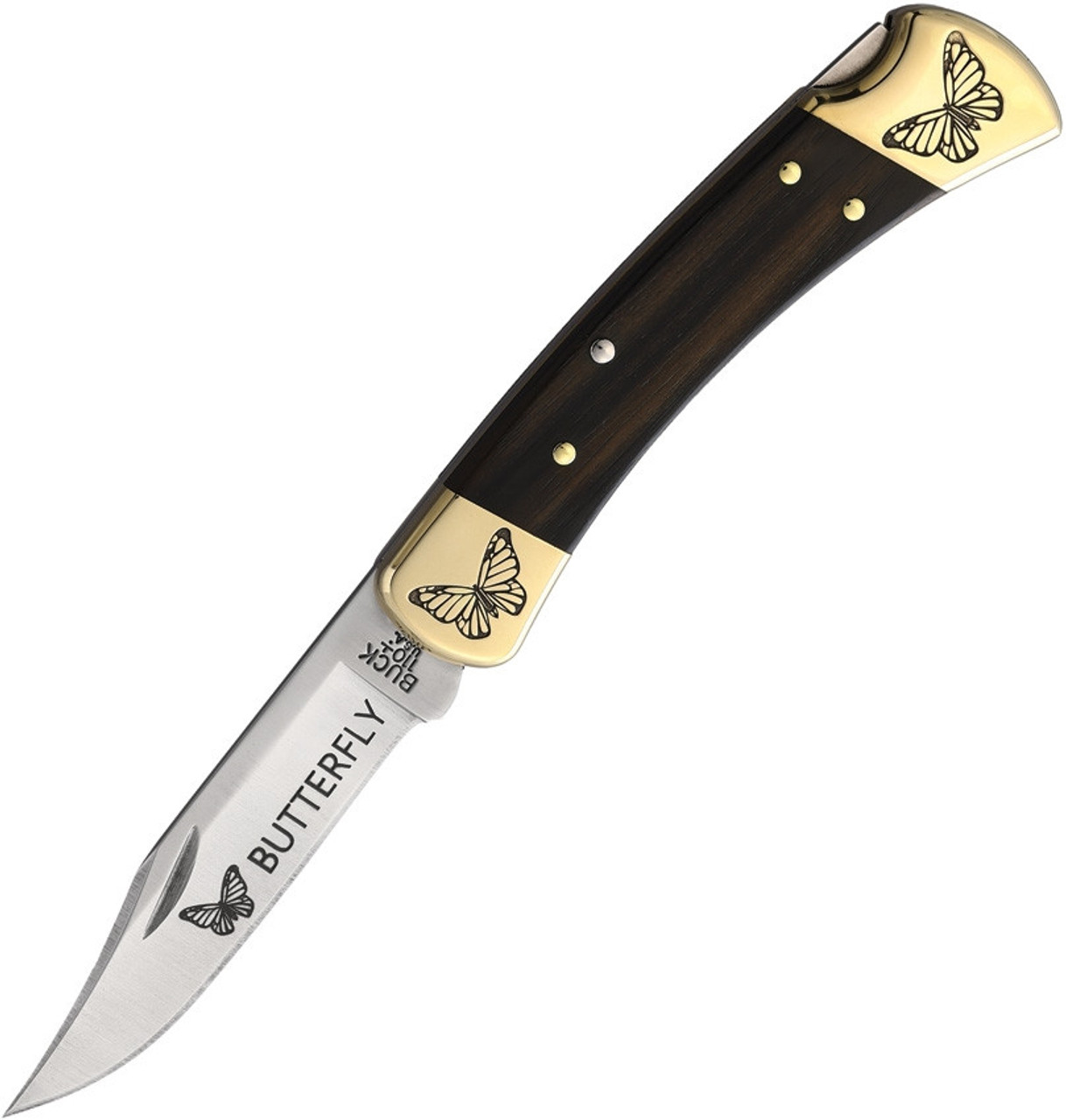 Brian Yellowhorse Custom Buck 110 Butterfly (YH361) 3.75" Satin 420HC Stainless Steel Clip Point Blade w/ Butterfly Etching, Ebony Wood Handle w/ Etched Brass Bolsters
