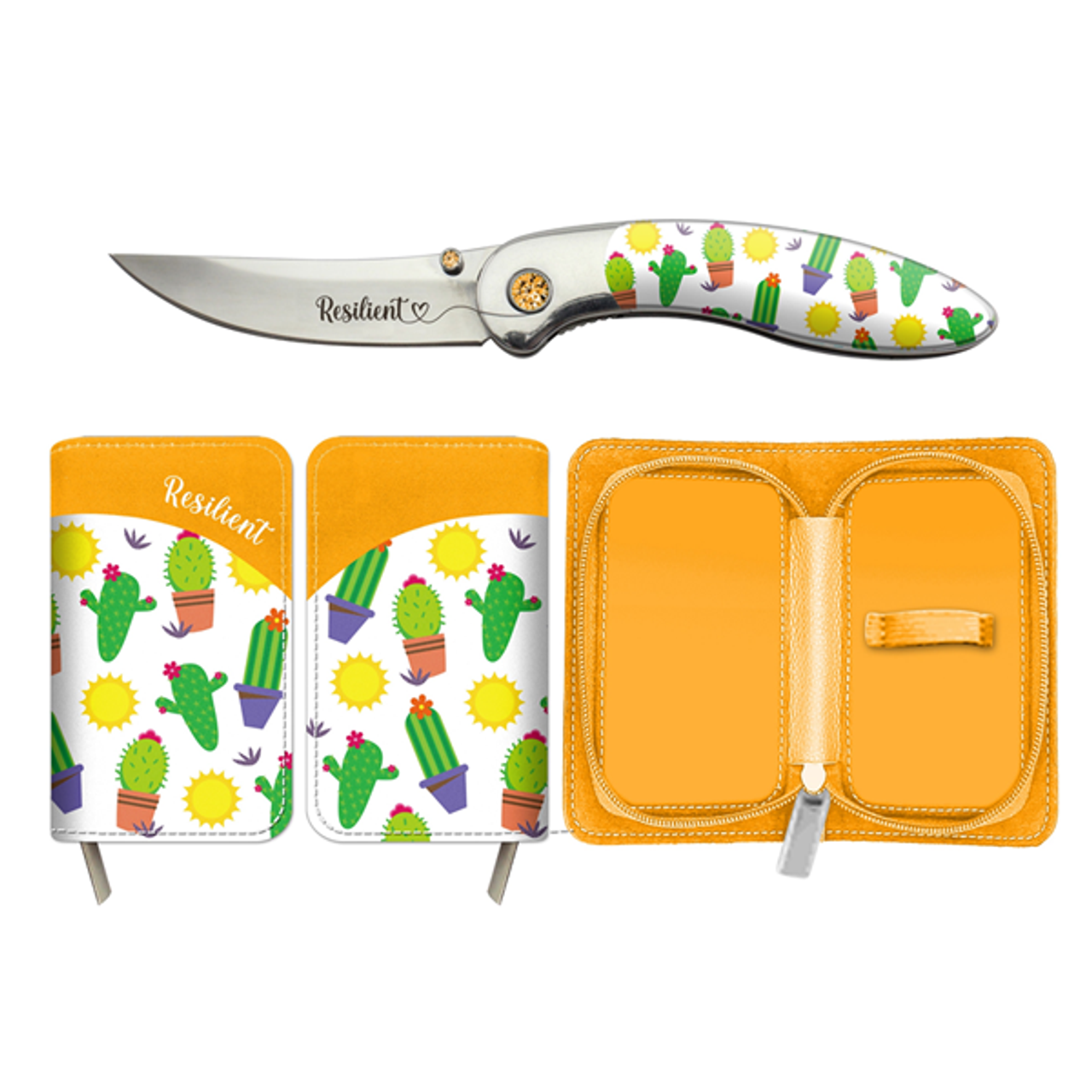 Brighten Blades Resilient Folding Knife (BB006) 2.56 in Mirror 8Cr13MoV Drop Point Blade w/ "Resilient" Blade Etching, Full-Color Cactus Print Handle