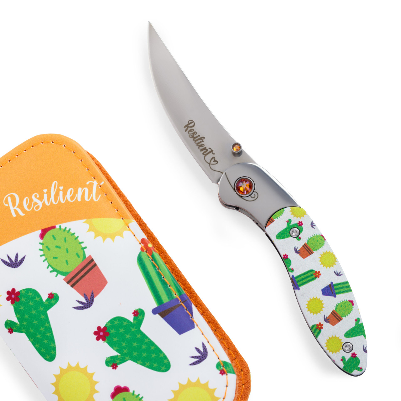 Brighten Blades Resilient Folding Knife (BB006) 2.56 in Mirror 8Cr13MoV Drop Point Blade w/ "Resilient" Blade Etching, Full-Color Cactus Print Handle