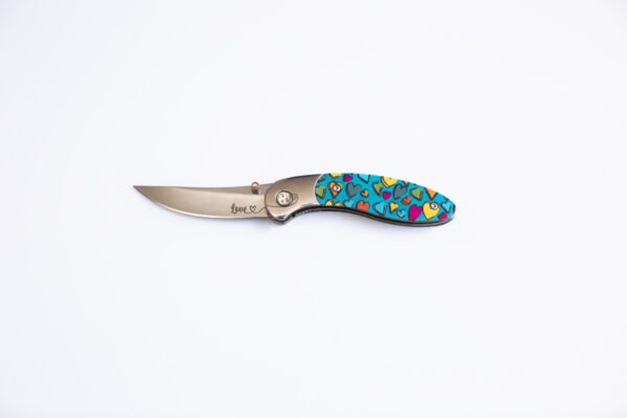 Brighten Blades Love Folding Knife (BB008) 2.56 in Mirror 8Cr13MoV Drop Point Blade w/ "Love" Blade Etching, Full-Color Heart Print Handle