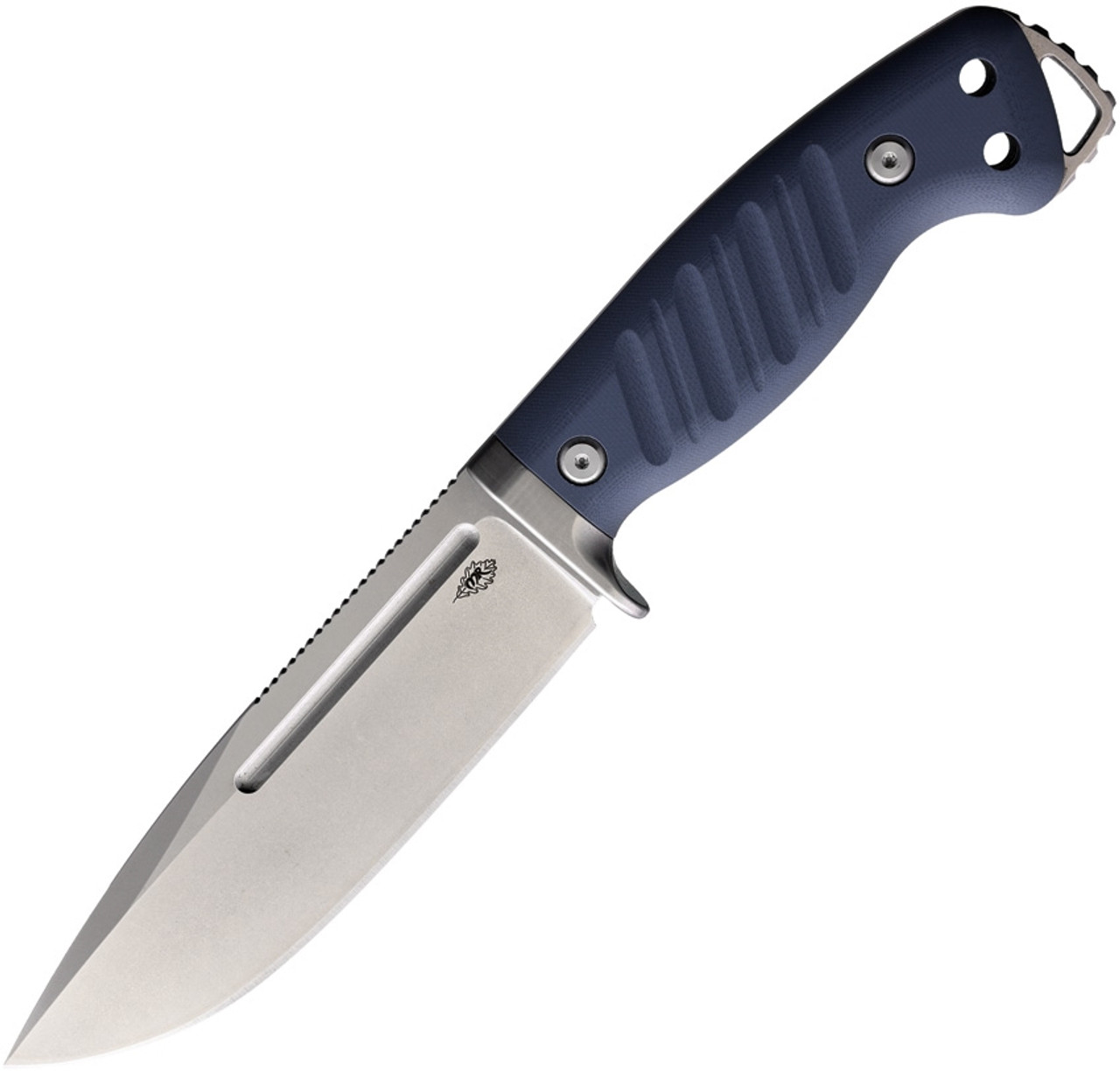 PMP Warthog (PMP029) 5" 440C Stonewashed Clip Point Plain Blade, Blue G-10 Handle