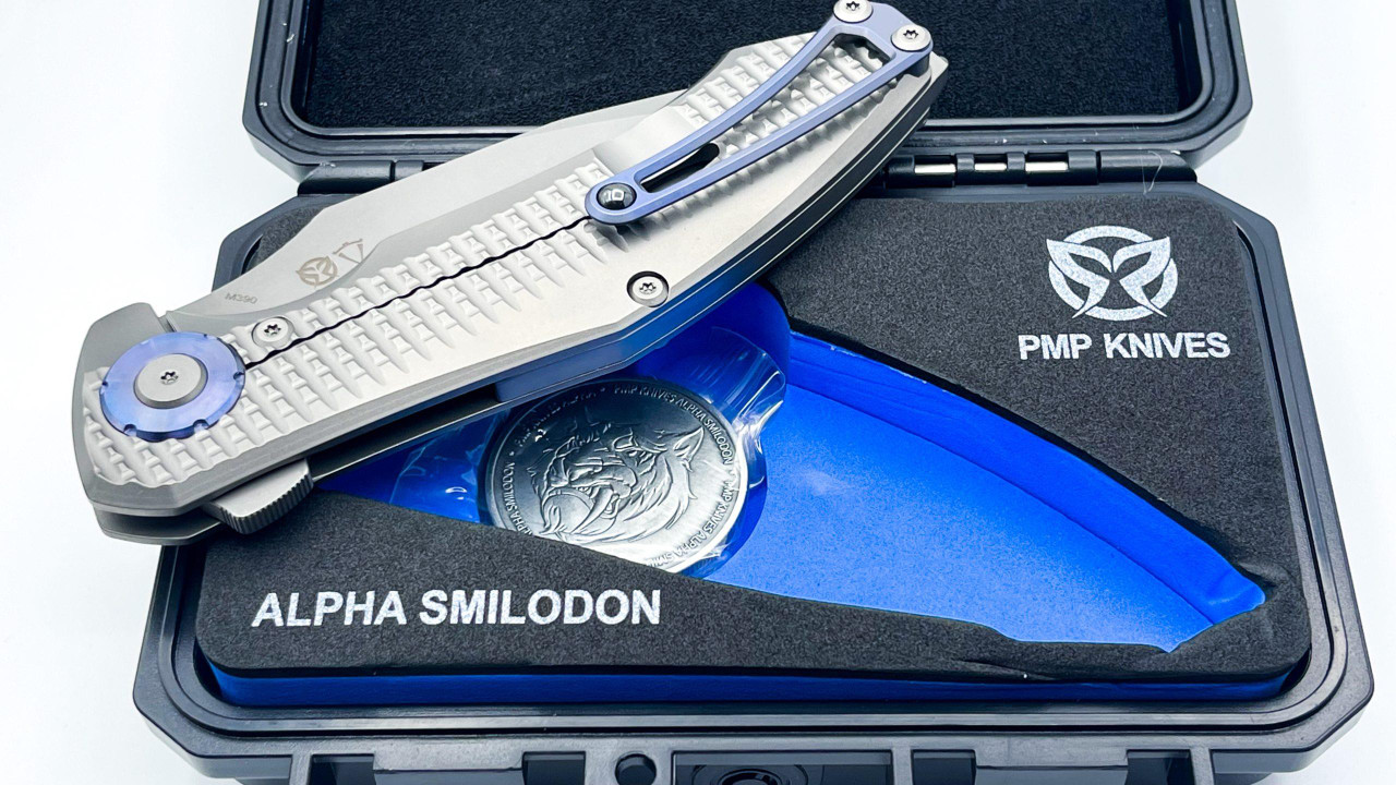 PMP Knives Alpha Smildon (PMP042) 3.75" Grey Stonewashed M390 Clip Point Plain Blade, Grey Titanium Handle w/ Blue Accents