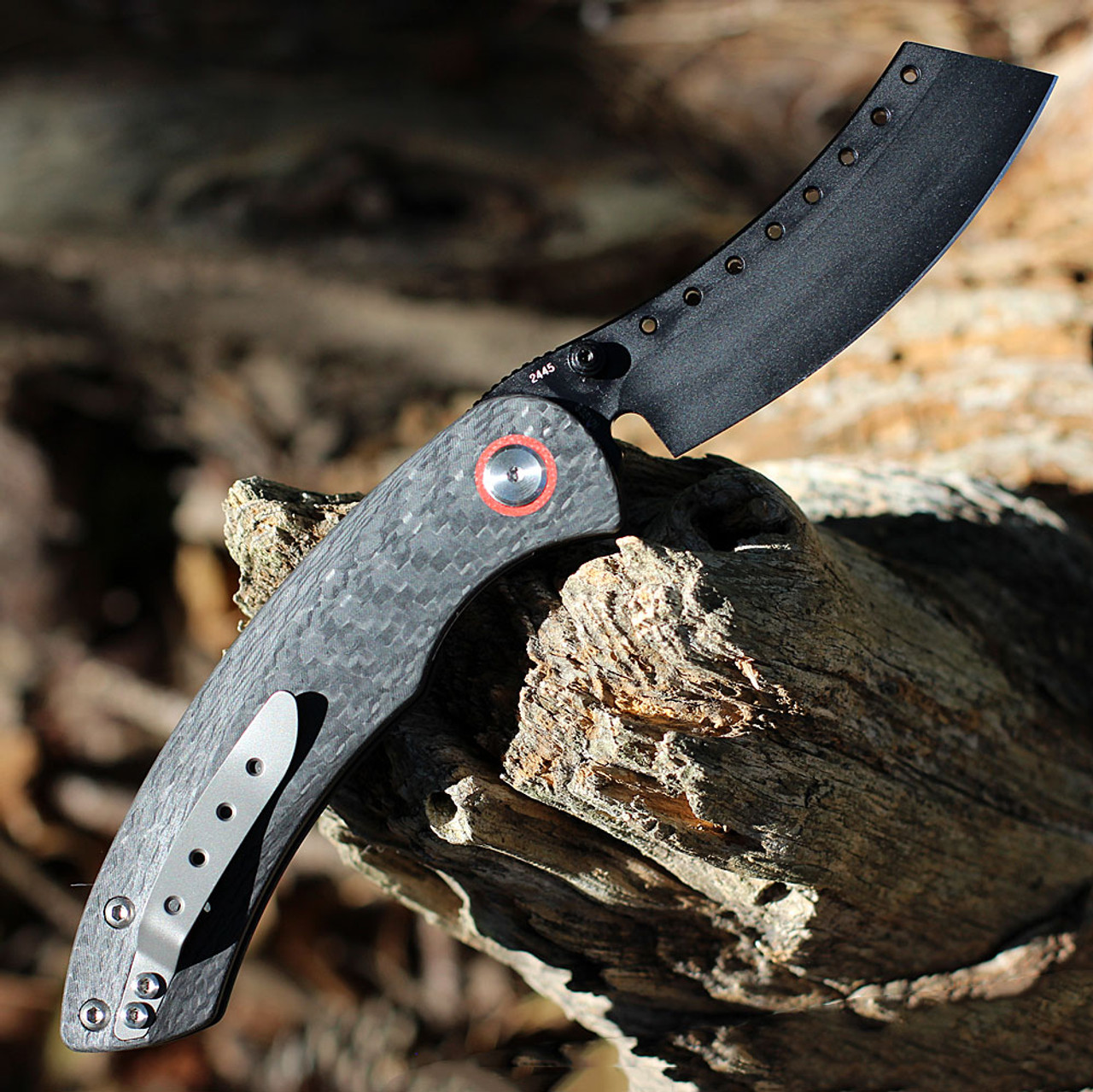 Red Horse Knife Works Hell Razor P Series (RH010)- 3.75in CPM-S35VN Black PVD Cleaver Plain Blade, Twill Carbon Fiber Handle