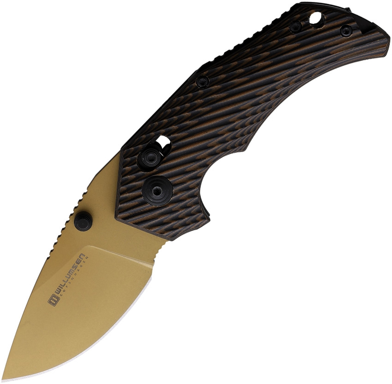 Willumsen Copenhagen Red E (RE21DTA) 2.75" Tan Coated 14C28N Drop Point Plain Blade, Black and Tan Sculpted G10 Handle