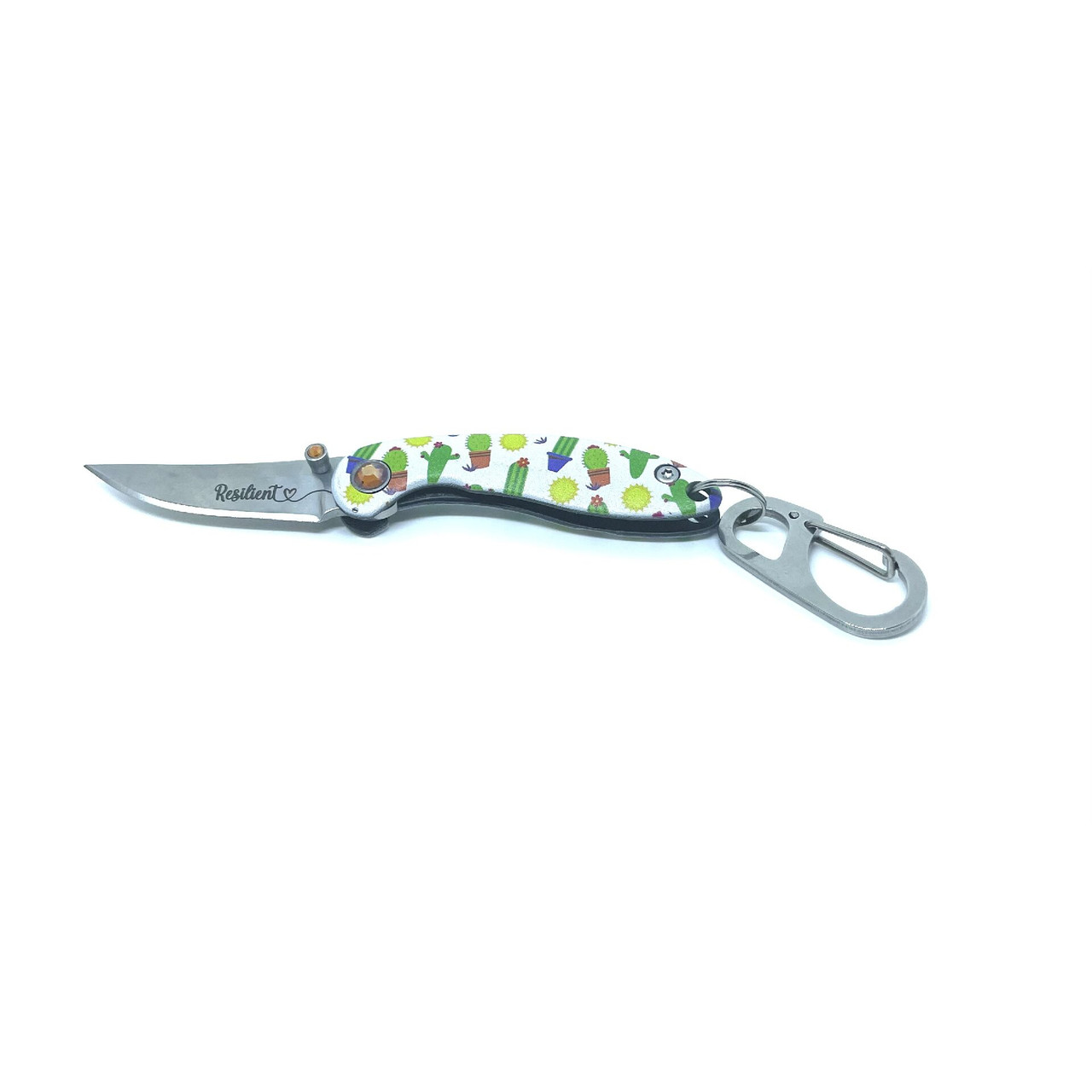 Brighten Blades Resilient Keychain Folding Knife (BB018) 1.65 in Mirror 8Cr13MoV Clip Point Blade w/ "Resilient" Blade Etching, Full-Color Cactus Print Handle