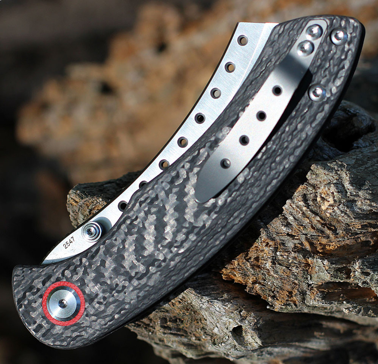 Red Horse Knife Works Hell Razor P Series (RH08)- 3.75in CPM-S35VN Satin Sheepfoot Plain Blade, Twill Carbon Fiber Handle