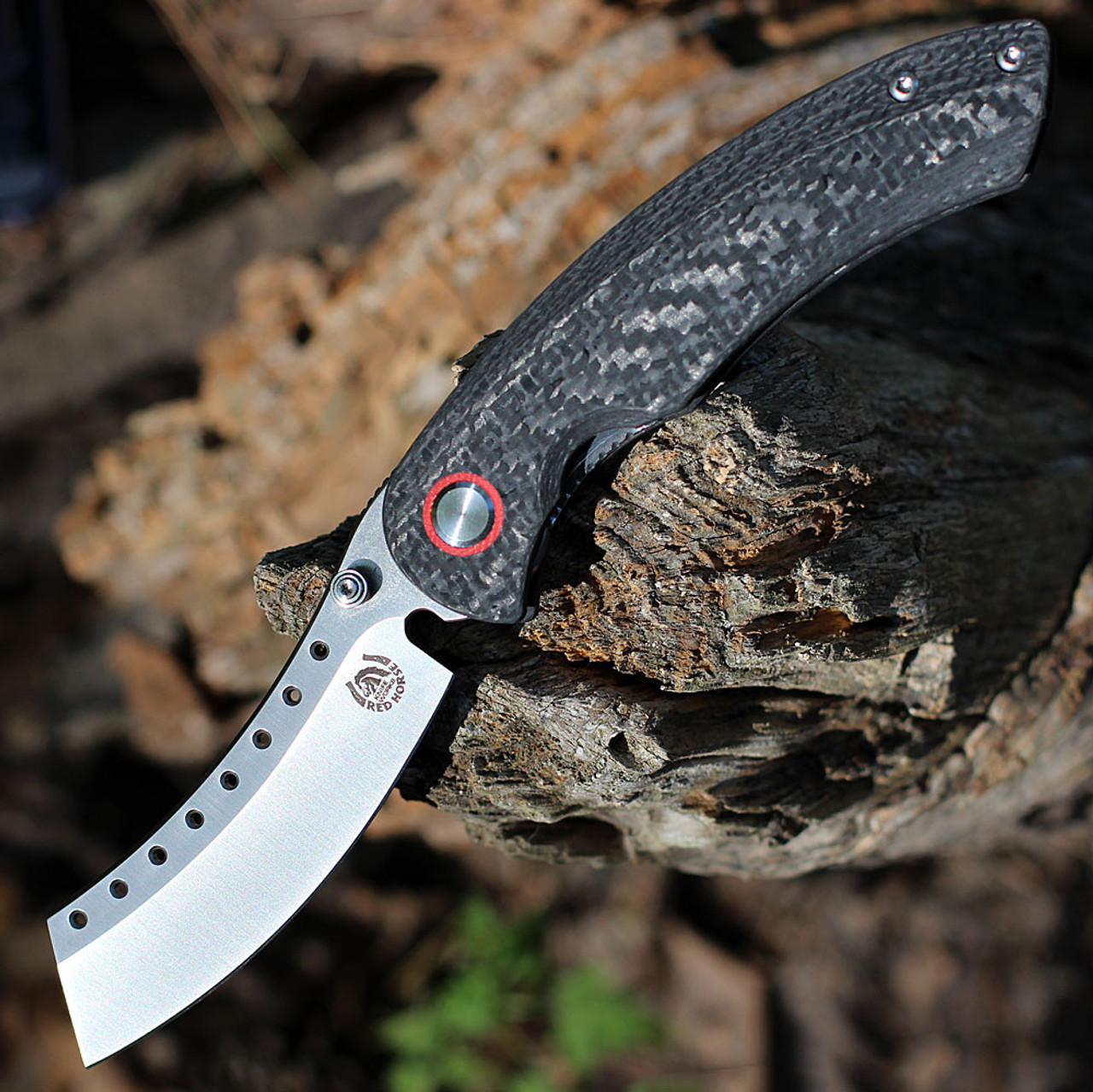 Red Horse Knife Works Hell Razor P Series (RH08)- 3.75in CPM-S35VN Satin Sheepfoot Plain Blade, Twill Carbon Fiber Handle