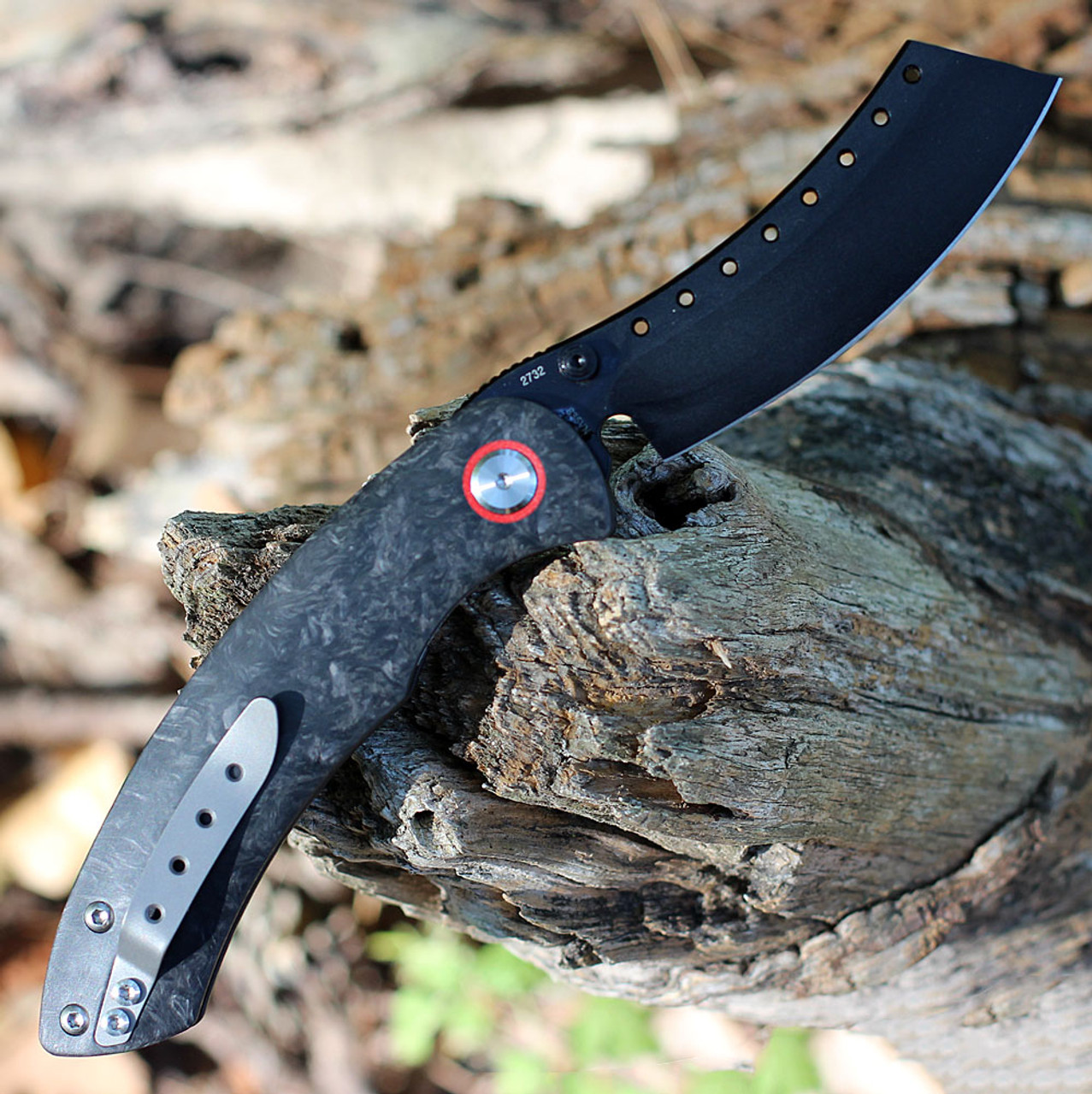 Red Horse Knife Works Hell Razor P Series (RH09)- 3.75in CPM-S35VN Black PVD Sheepfoot Plain Blade, Marbled Carbon Fiber Handle