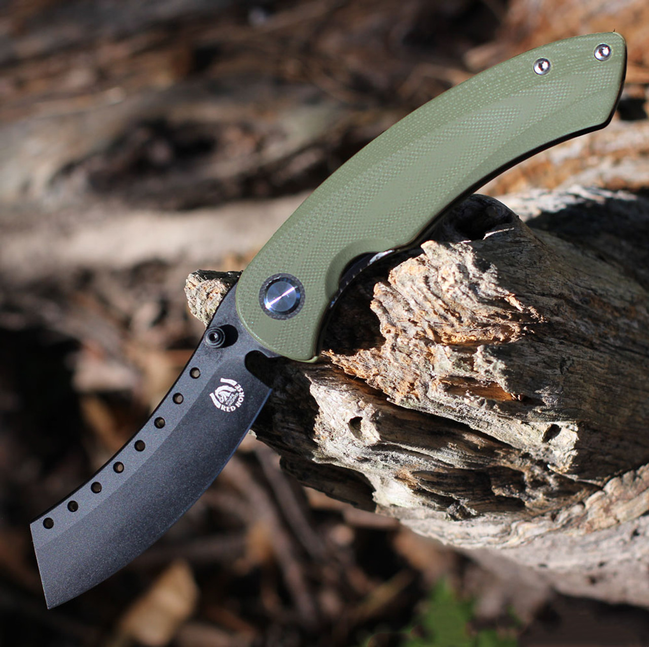 Red Horse Knife Works Hell Razor P Series (RH07)- 3.75in CPM-S35VN Black PVD Sheepfoot Plain Blade, OD Green G-10 Handle