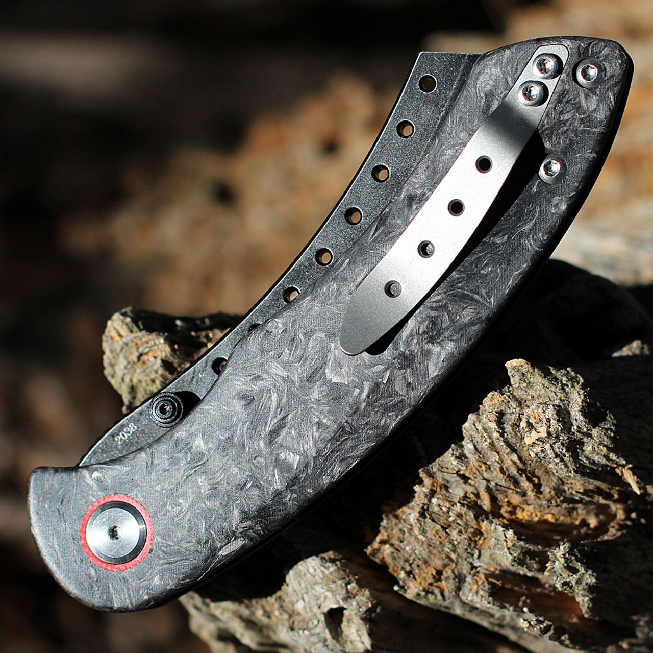 Red Horse Knife Works Hell Razor P Series (RH011)- 3.75in CPM-S35VN Black Stonewashed Sheepfoot Plain Blade, Marbled Carbon Fiber Handle