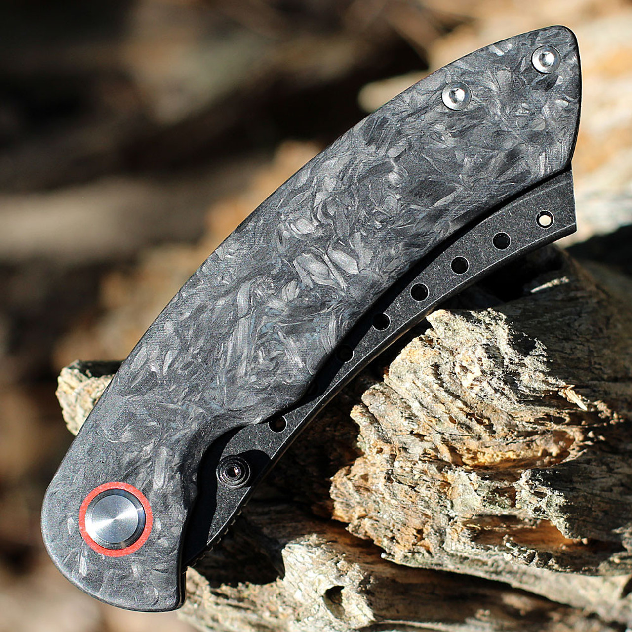 Red Horse Knife Works Hell Razor P Series (RH011)- 3.75in CPM-S35VN Black Stonewashed Sheepfoot Plain Blade, Marbled Carbon Fiber Handle