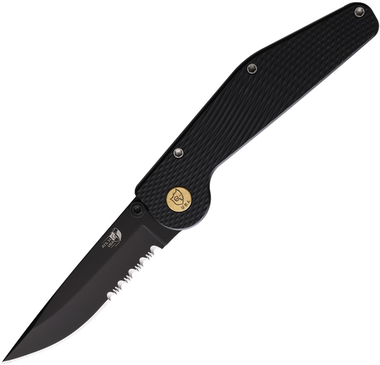 GT Knives Automatic 104 (GT104) 3.5" ATS-34 Black Coated Partially Serrated Drop Point Plain Blade, Black Textured Aluminum Handel, Brass Push Button