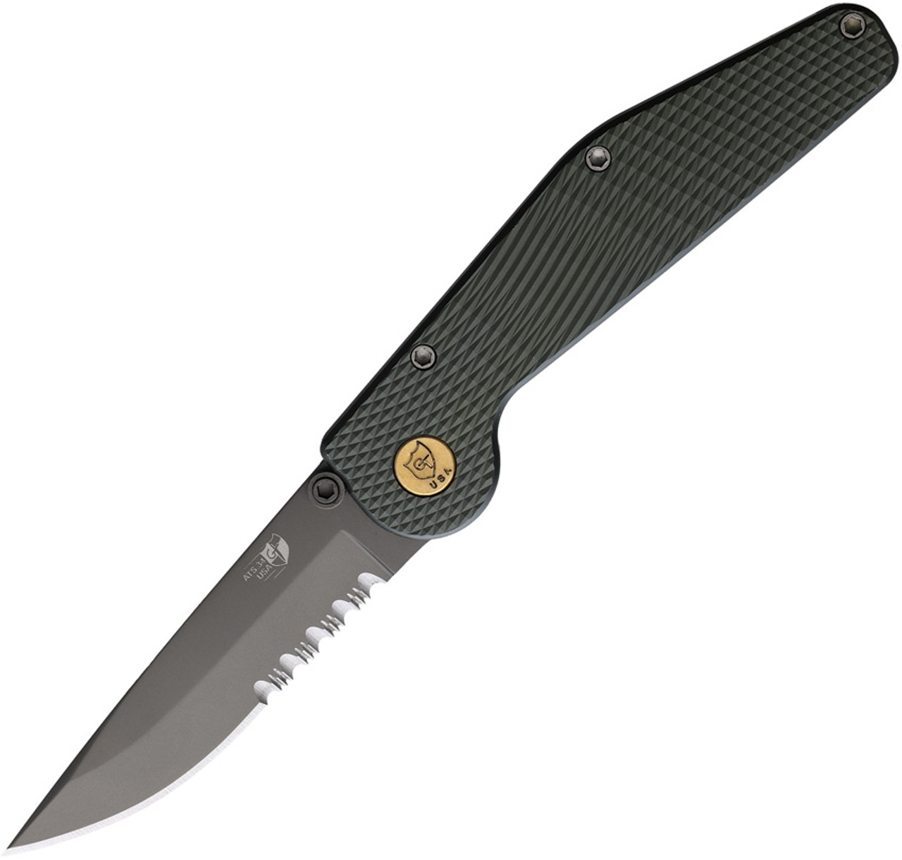 GT Knives Automatic 112 (GT112) 3.5" ATS-34 Grey Coated Partially Serrated Drop Point Blade, Green Textured Aluminum Handel, Brass Push Button