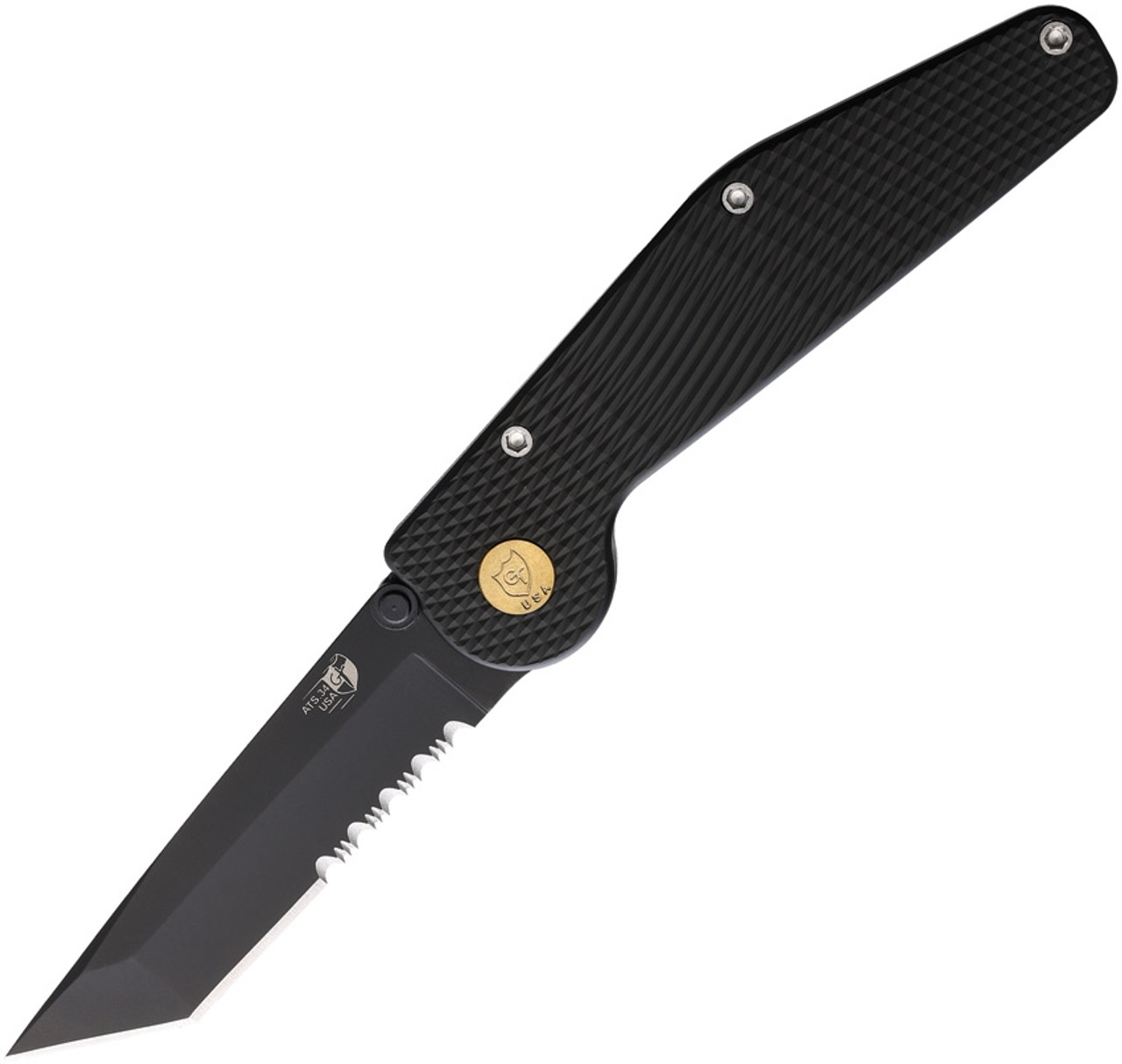 GT Knives Automatic 304(GT304) 3.5" ATS-34 Black Coated Partially Serrated Tanto Blade, Black Textured Aluminum Handel, Brass Push Button