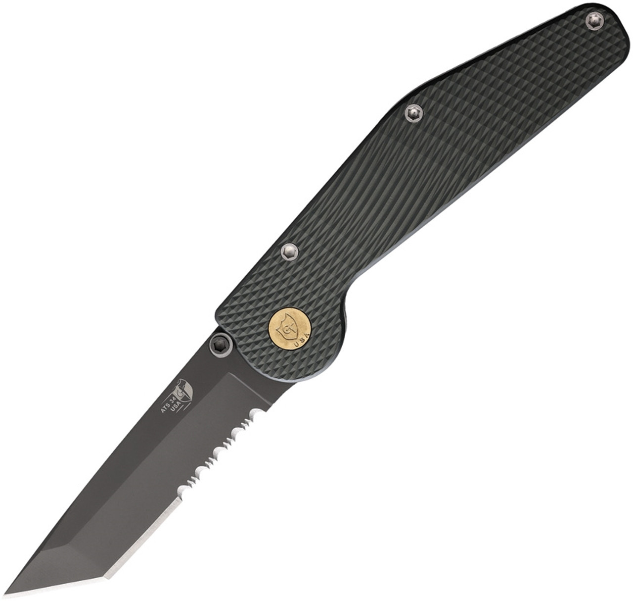 GT Knives Automatic 312 (GT312) 3.5" ATS-34 Grey Coated Partially Serrated Tanto Blade, Green Textured Aluminum Handel, Brass Push Button