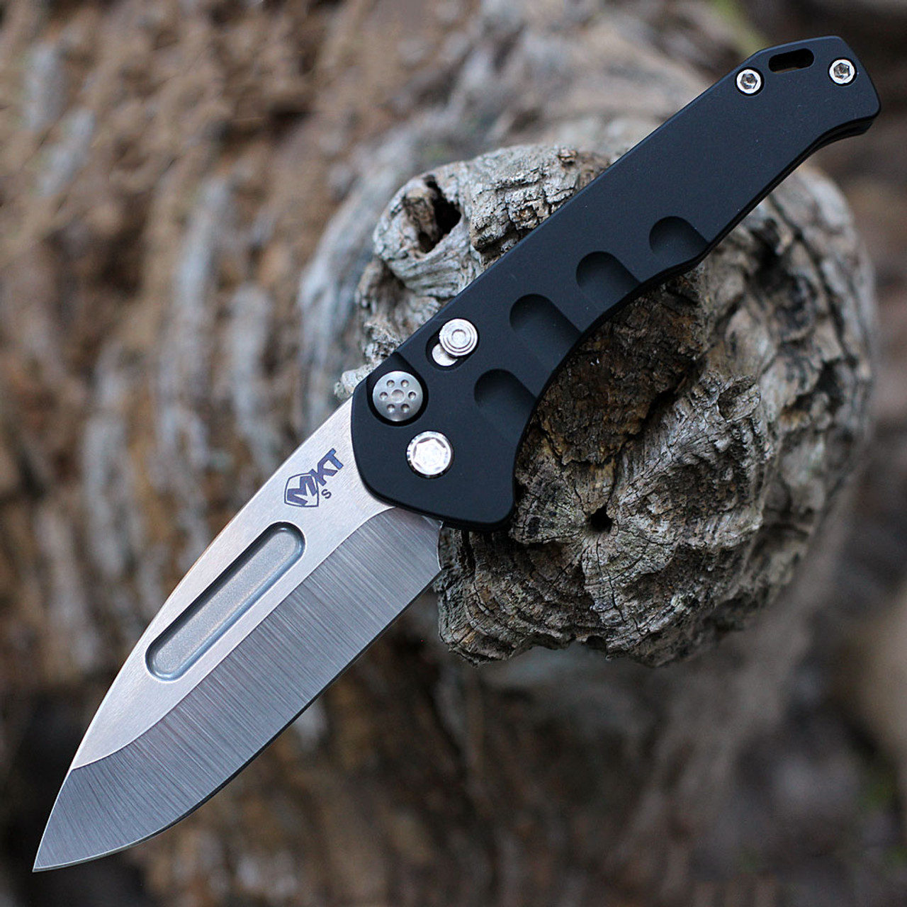 Medford Praetorian Swift Automatic  (MD206STD42AB) - 3.37" Tumbled CPM-S35VN Drop Point Plain Blade, Black  Aluminum Handle