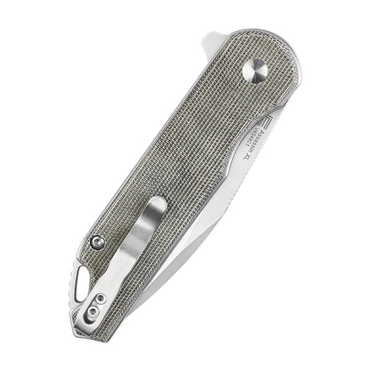 Kizer Assassin XL (V4549C1) 3.42" 154CM Stonewashed and Satin Drop Point Plain Blade, Green Canvas Micarta Handle