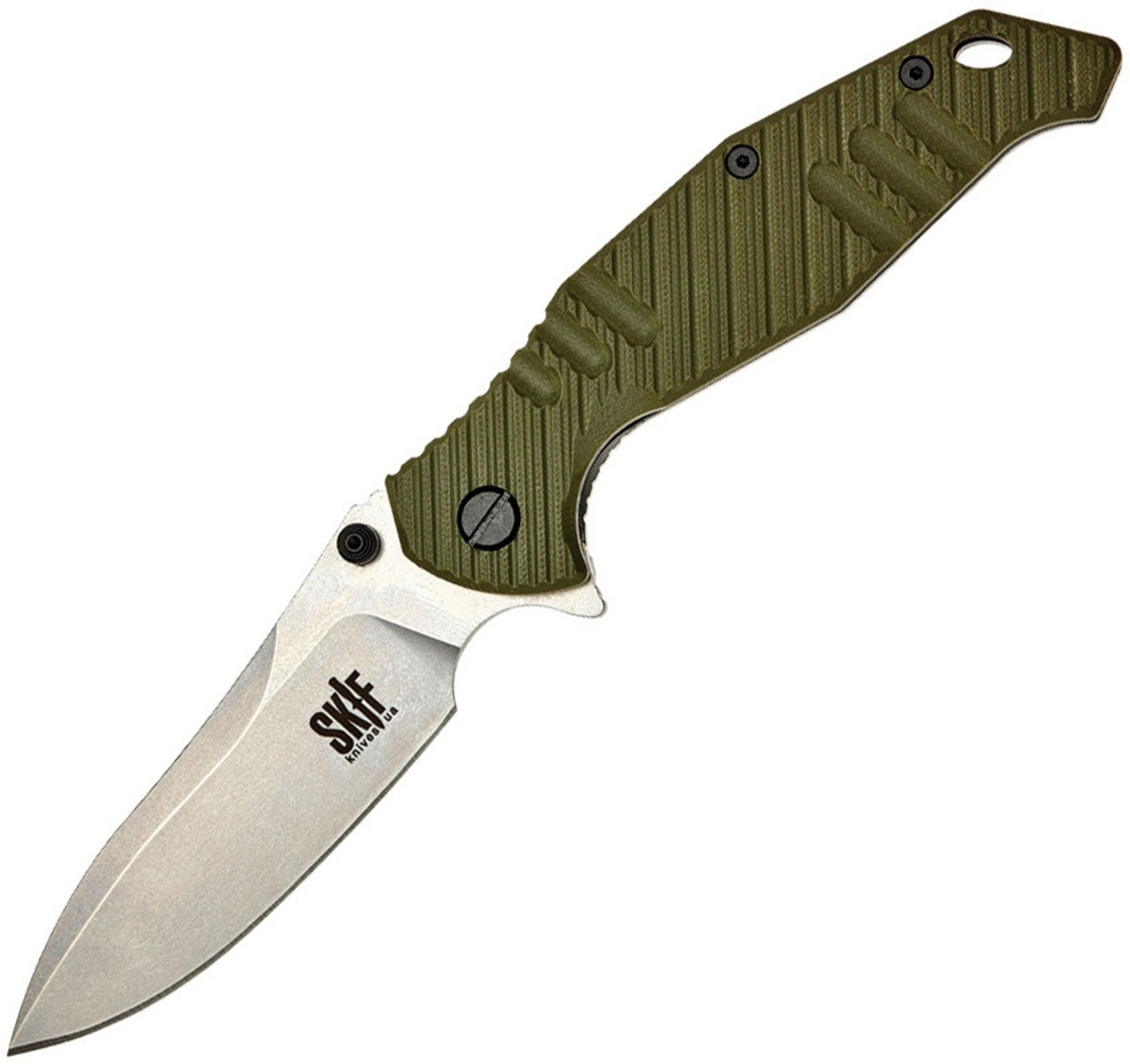 Skif Knives Adventure (4424EG) 4.0 Stonewash 9Cr18MoV  Drop Point Plain Blade, OD Green G10 Handle w/Gray Stainless Handle