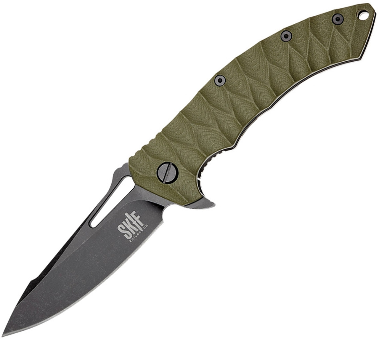 Skif Knives Shark (421SEBG) 3.75 Black Stonewash 9Cr18MoV Drop Point Plain Blade, OD Green G10 Handle w/Gray Stainless Handle