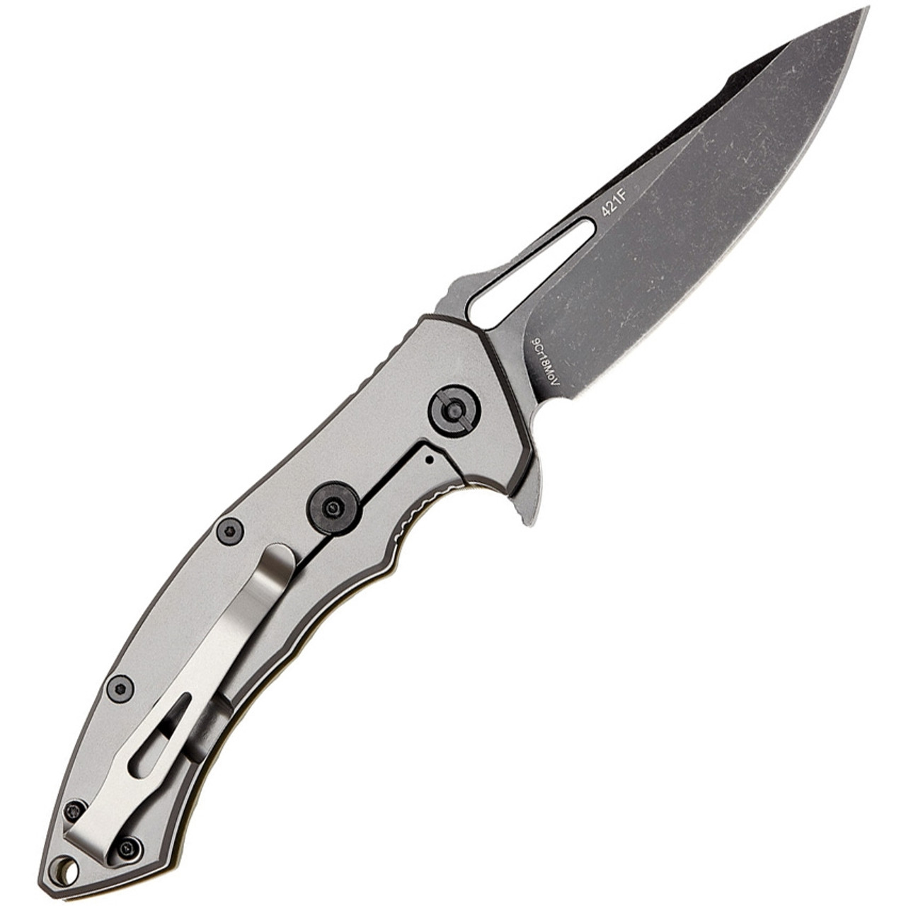 Skif Knives Shark (421SEBG) 3.75 Black Stonewash 9Cr18MoV Drop Point Plain Blade, OD Green G10 Handle w/Gray Stainless Handle