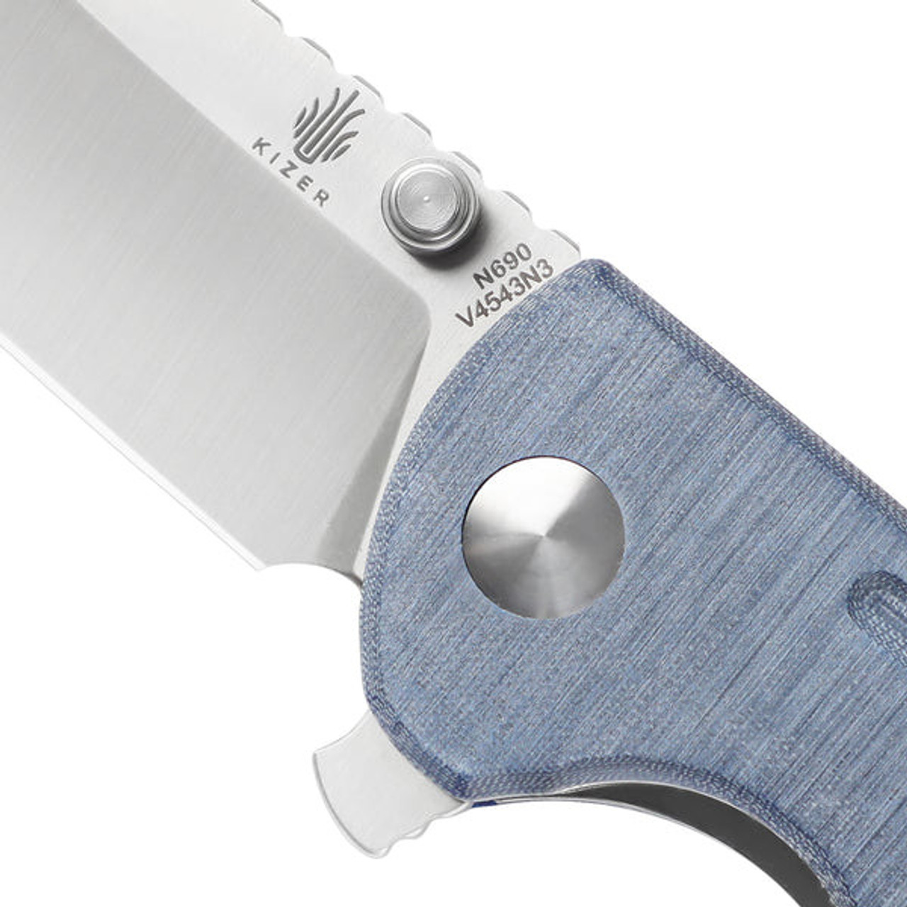 Kizer Justice (V4543N3) 3.75" Bohler N690 Satin Drop Point Plain Blade, Blue Demim Micarta Handle