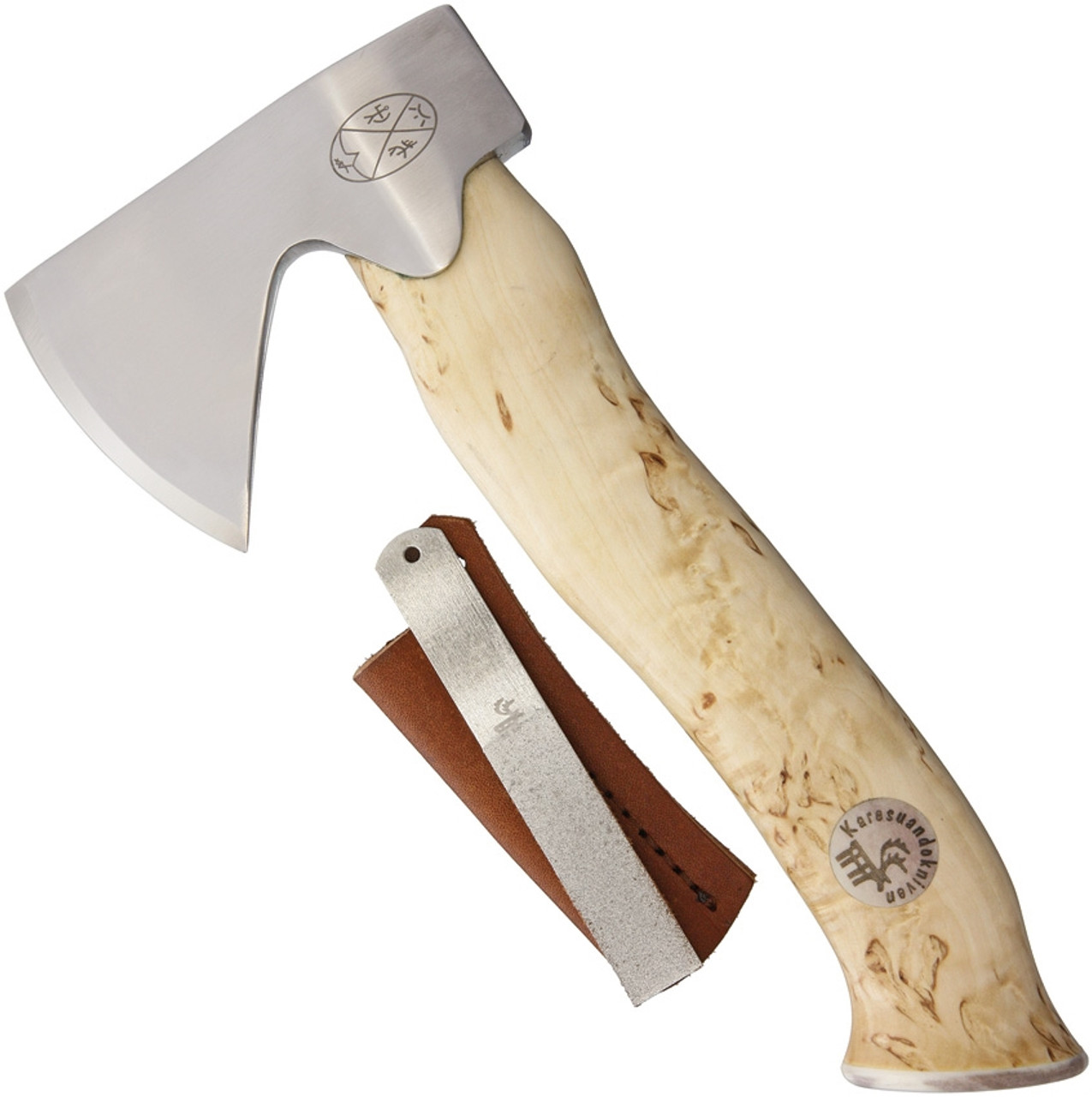 Karesuando Kniven Unna AKSU Hunting Axe 8 3/4" Overall Length (KAR3638) - 4in Sandvik 12C27 Stainless Steel Axe, Curly birch, Reindeer antler and Moose Antler Head Handle - Brown Leather Sheath