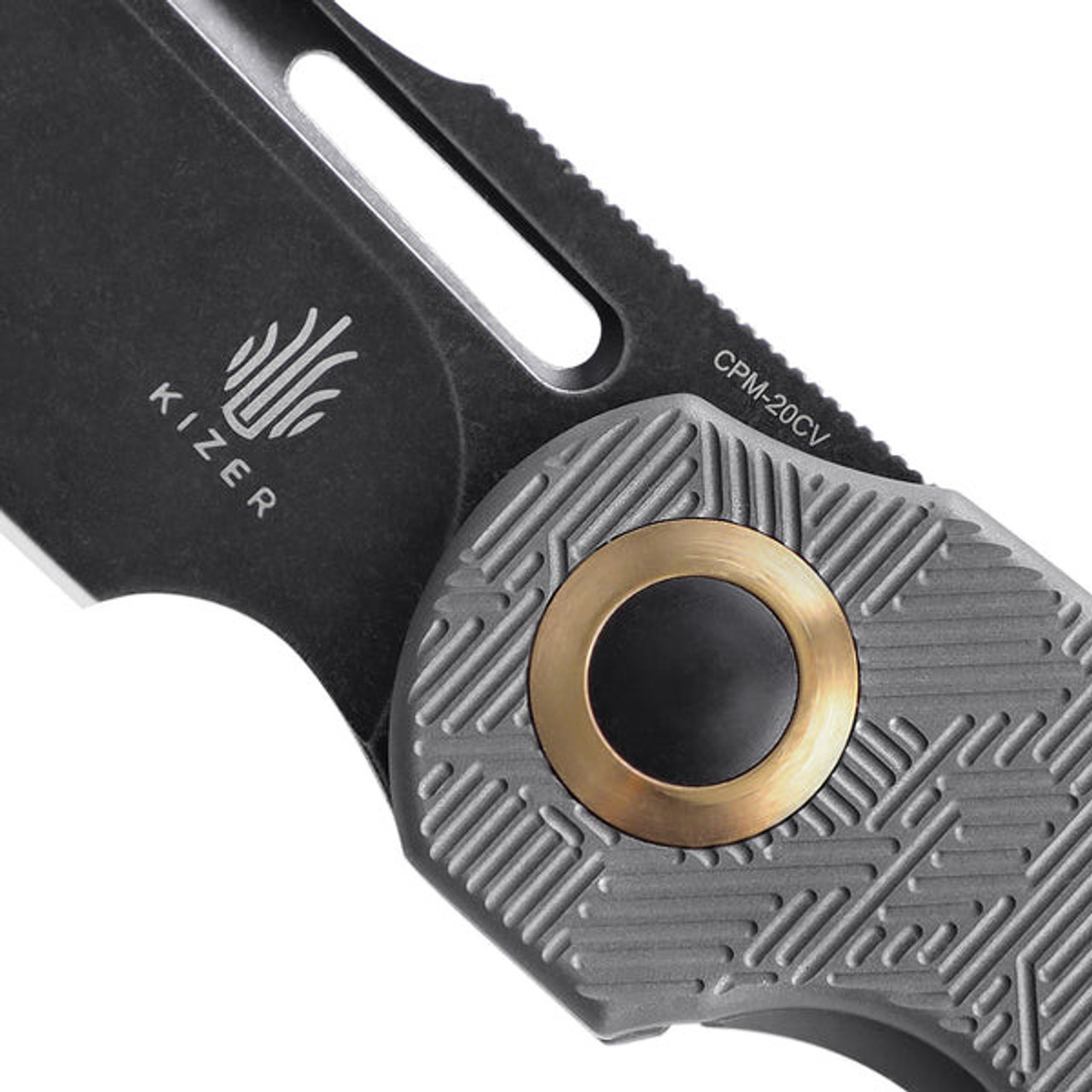 Kizer Cutlery October (KI3569A2) 2.93" CPM-20CV Blackwashed Sheepsfoot Plain Blade, Dark Grey Textured Titanium Handle