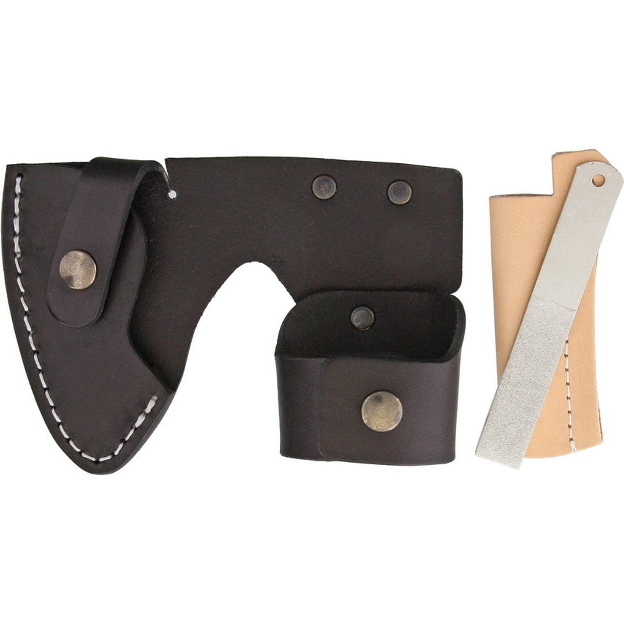 Karesuando Kniven Stoera AKSU Hunting Axe 11.75" Overall Length (KAR4013) - 5.25 in Stainless Steel Axe Head, Natural Curly birch/ Reindeer antler and Moose Antler Head Handle - Brown Leather Sheath