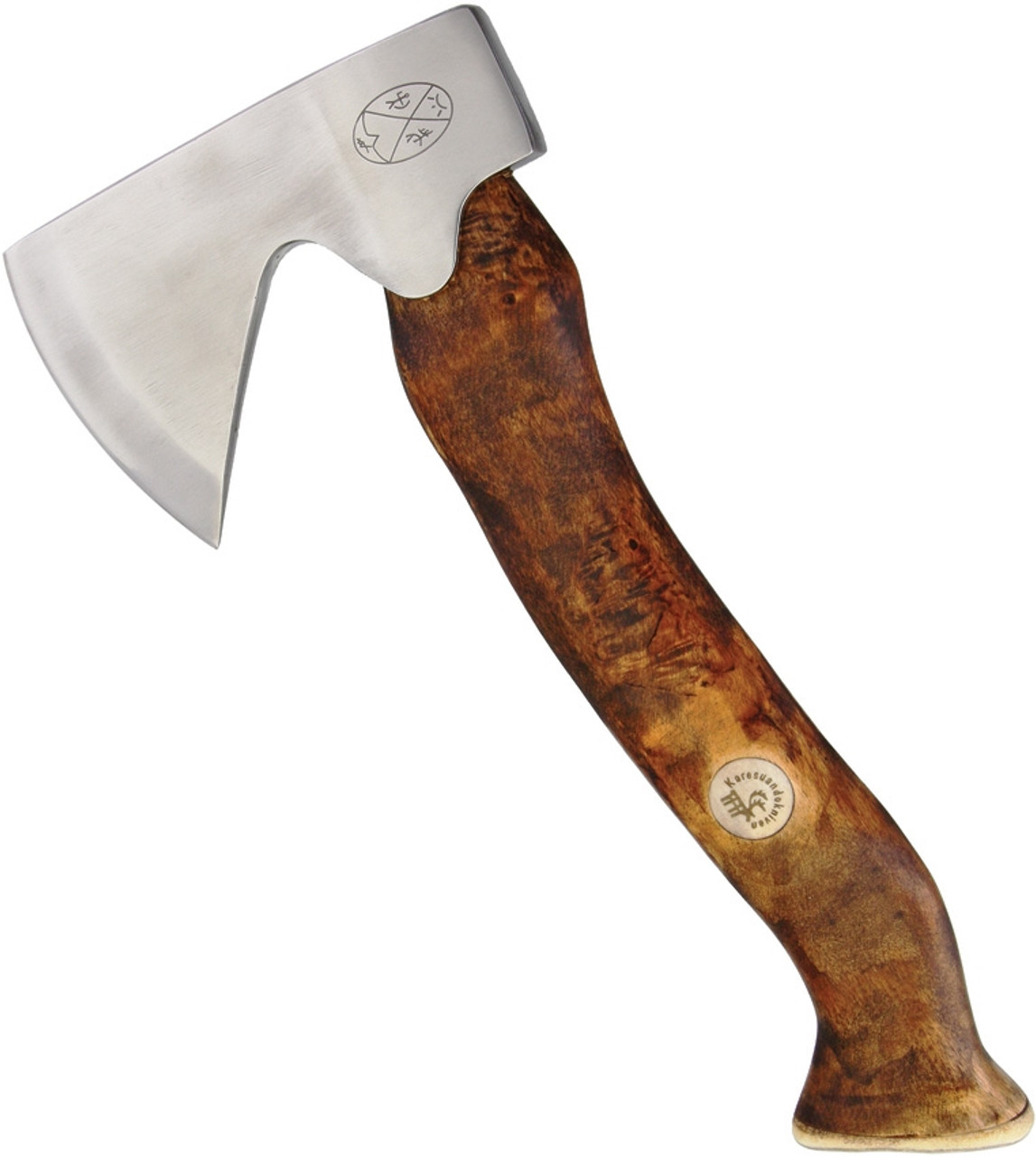 Karesuando Kniven Stoera AKSU Hunting Axe 11.75" Overall Length (KAR4014) - 5.25 in Stainless Steel Axe Head, Brown Curly birch/ Reindeer antler and Moose Antler Head Handle - Black Leather Sheath