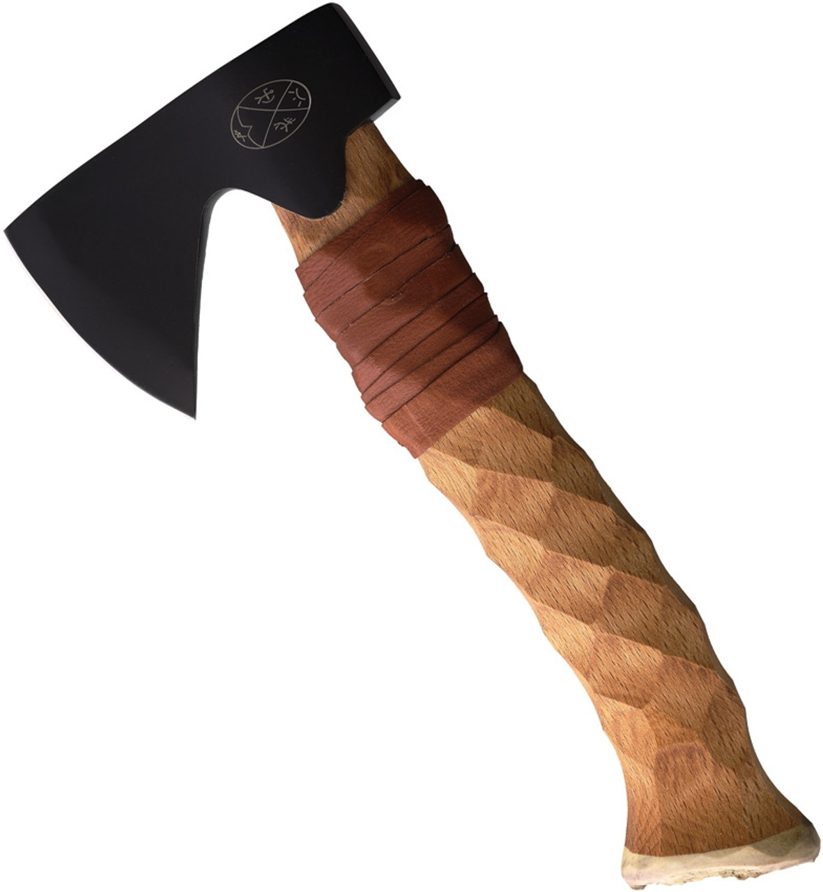 Karesuando Kniven Bushcarft Axe - 9.5" Overall Length (KAR4347-00) - 4.25 in Black Coated 5Cr13MoV Stainless Steel Axe Head, Sculpted Beech Wood / Moose Horn Pommel Handle - Brown Leather Belt Sheath