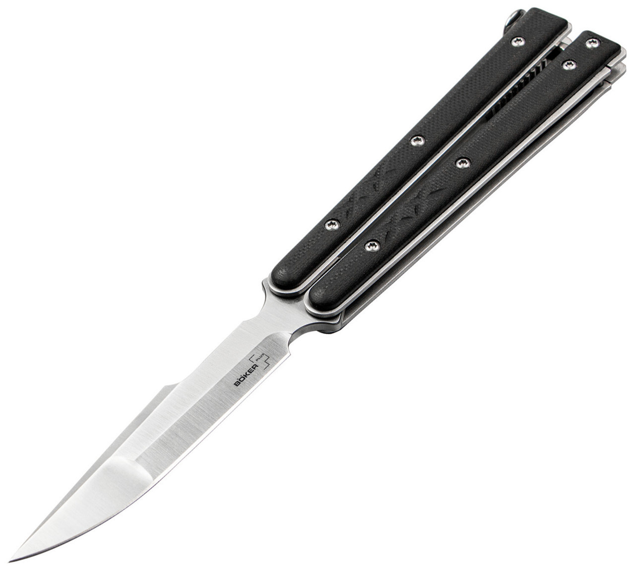 Boker Plus Balisong Small Tactical (06EX227) 3.46" D2 Satin Drop Point Plain Blade, Black G-10 Handle