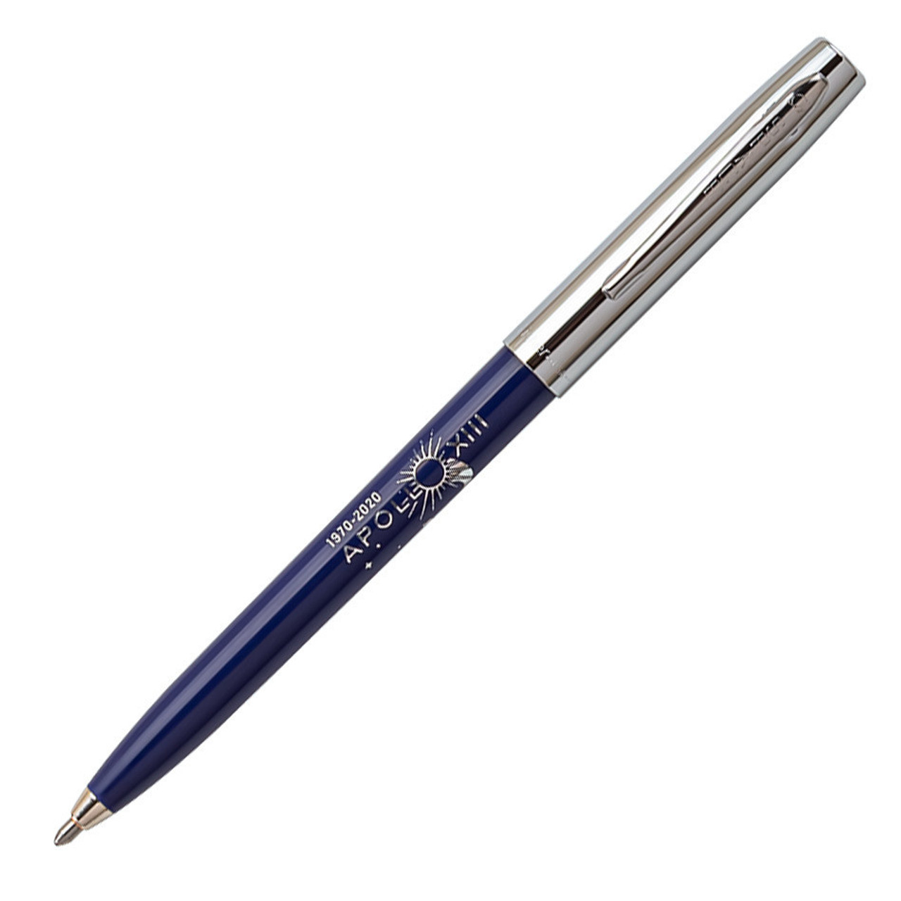 Fisher Space Pens Apollo 13 50th Anniversary Plastic Barrel Cap-O-Matic Space Pen (FP001242) PR4 Black Ink, Blue Barrel, Chrome Cap