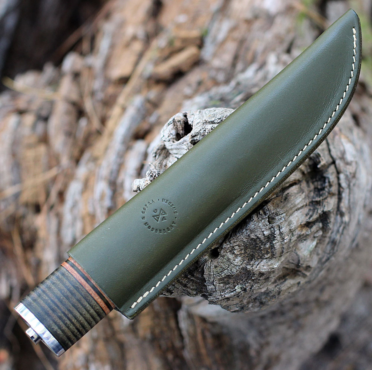 Andersson & Copra Scandinavian Sportsman Fixed Blade Knife Model 2 (ACSS2ST) - 3.54 in AEB-L Steel Plain Blade,  Stacked Leather Handle, Olive Green Leather Sheath