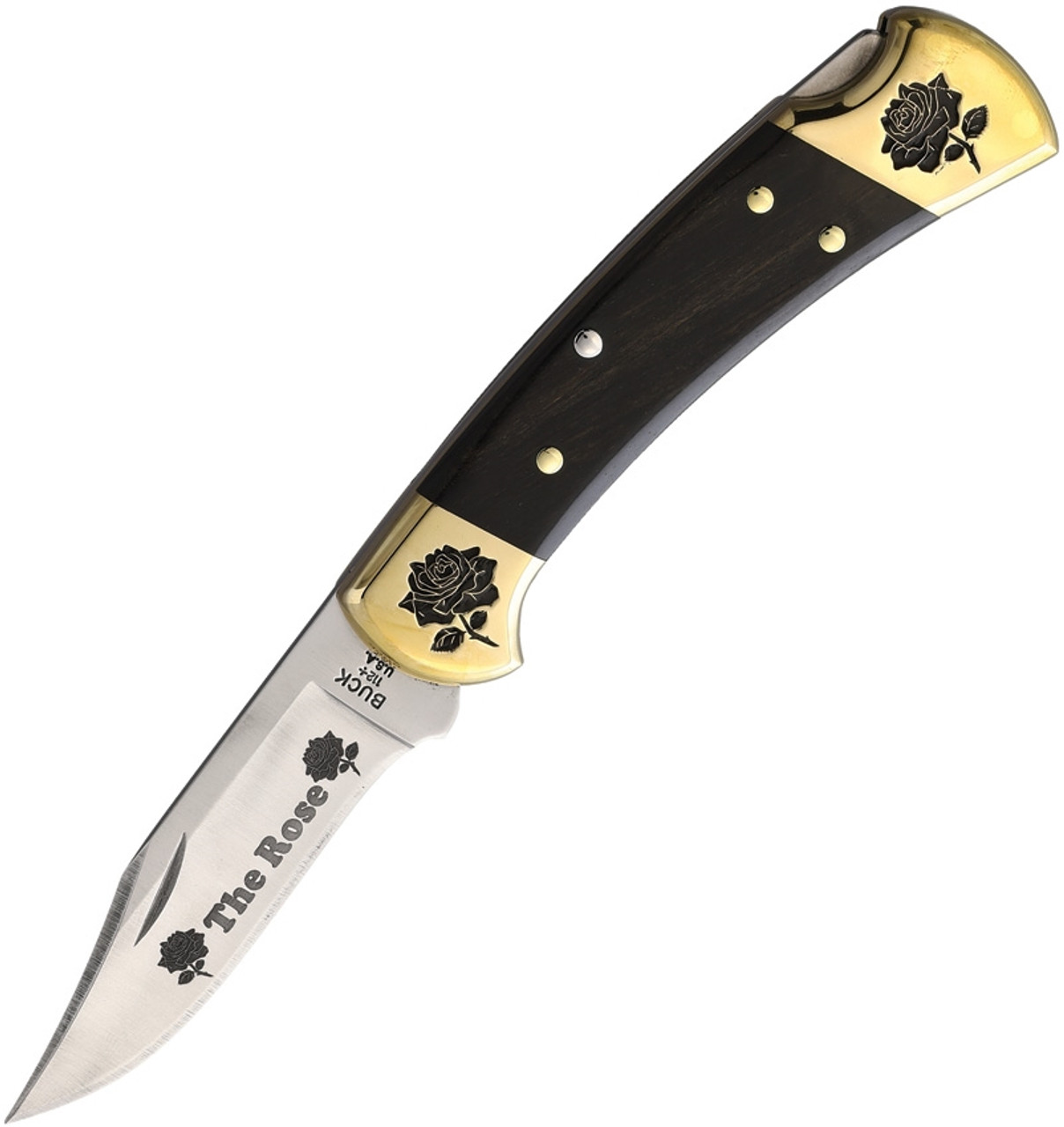 Brian Yellowhorse Custom Buck 112 Rose (YH392) 3.00" Satin 420HC Stainless Steel Clip Point Blade w/ Rose Etching, Ebony Wood Handle w/ Etched Brass Bolsters