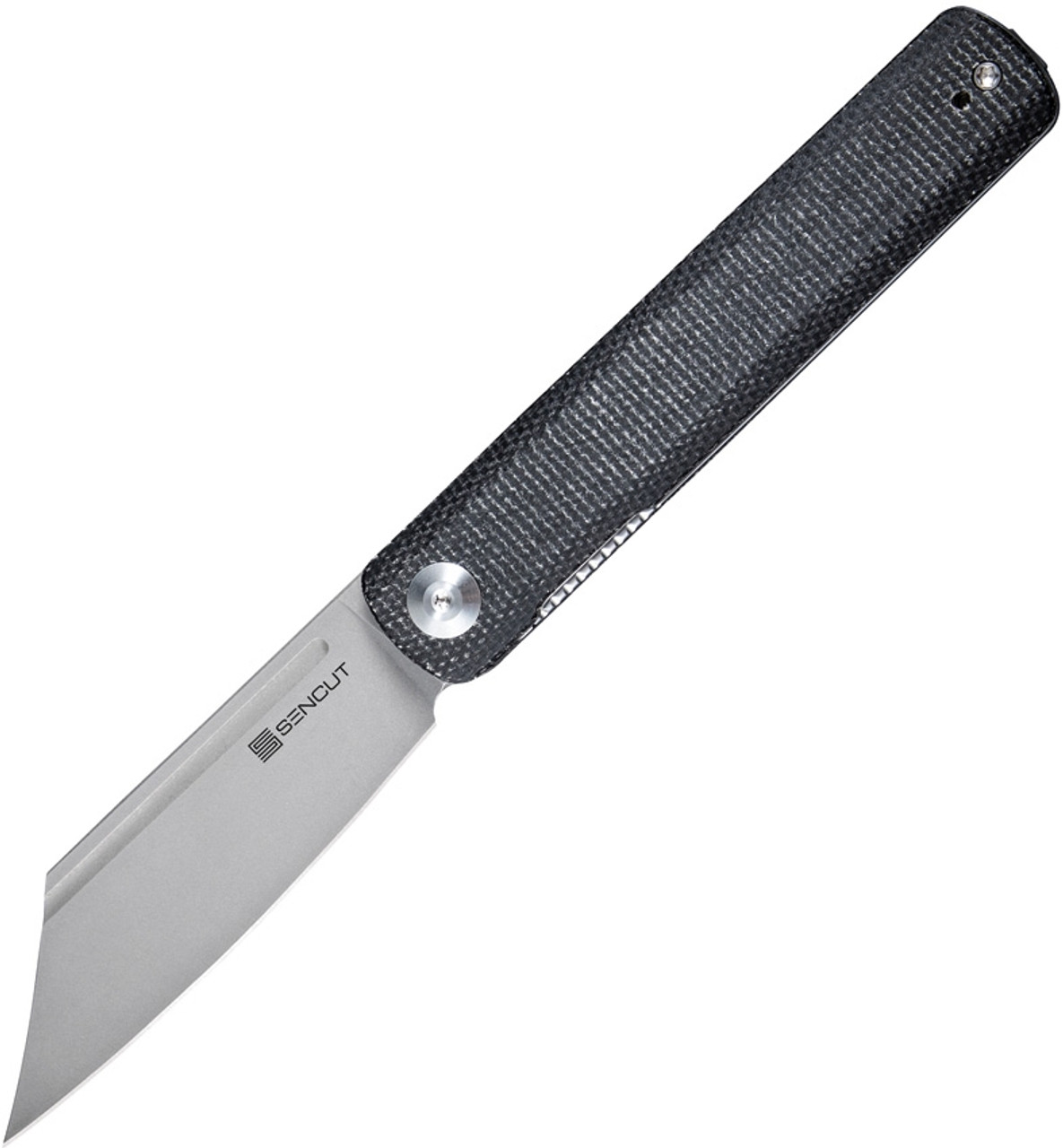 Sencut Bronte Flipper Knife (SA08A) 3.38" Gray Stonewashed 9Cr18MoV Reverse Tanto Plain Blade, Black Micarta Handle