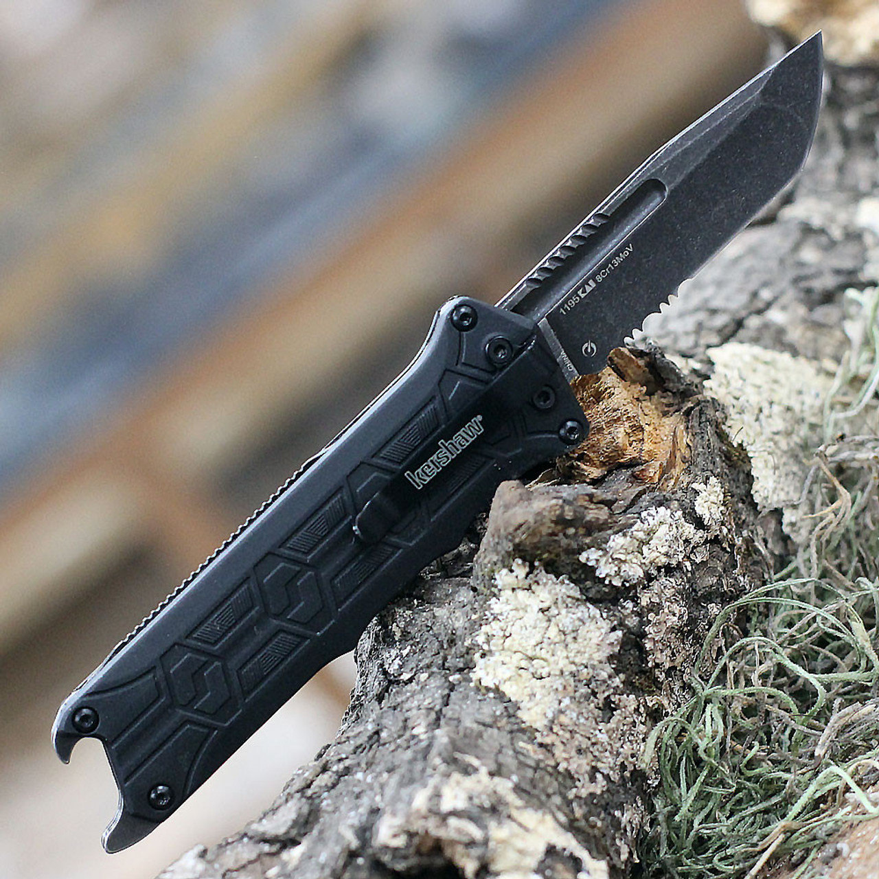 Kershaw Interstellar Manuel OTF (1195) 2.7 in 8Cr13MoV Blackwash Tanto Partially Serrated Blade Black GFN Handle