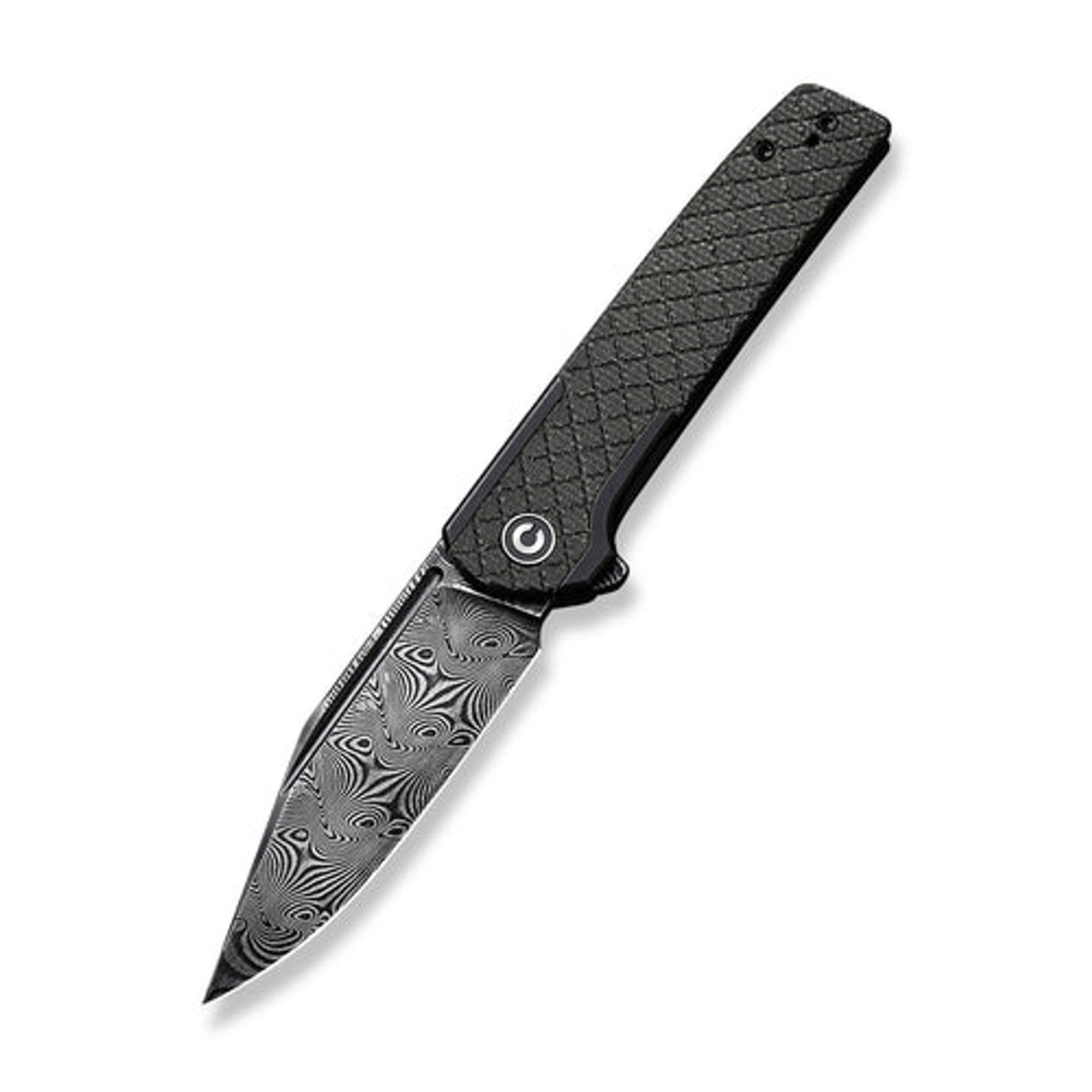 Civivi Cachet Flipper (C20041B-DS1) 3.48" Black Hand Rubbed Damascus Clip Point Blade, Diamond Patterned Black Steel Handle With Dark Green Canvas Micarata Inlay