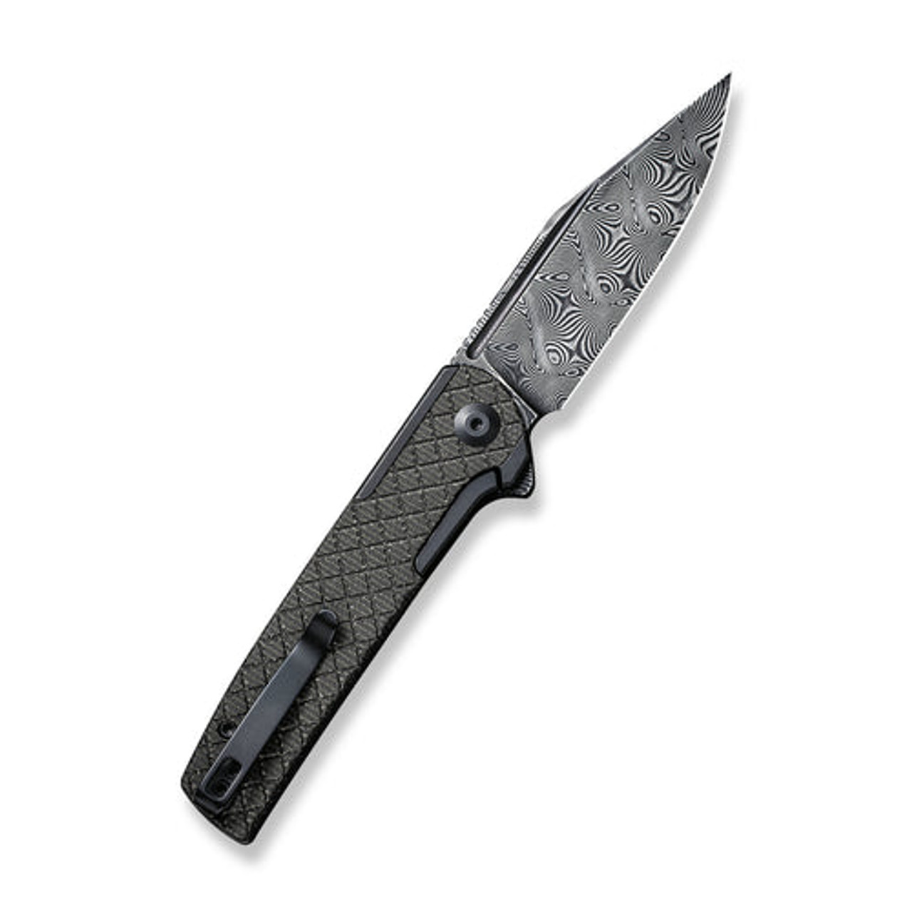 Civivi Cachet Flipper (C20041B-DS1) 3.48" Black Hand Rubbed Damascus Clip Point Blade, Diamond Patterned Black Steel Handle With Dark Green Canvas Micarata Inlay