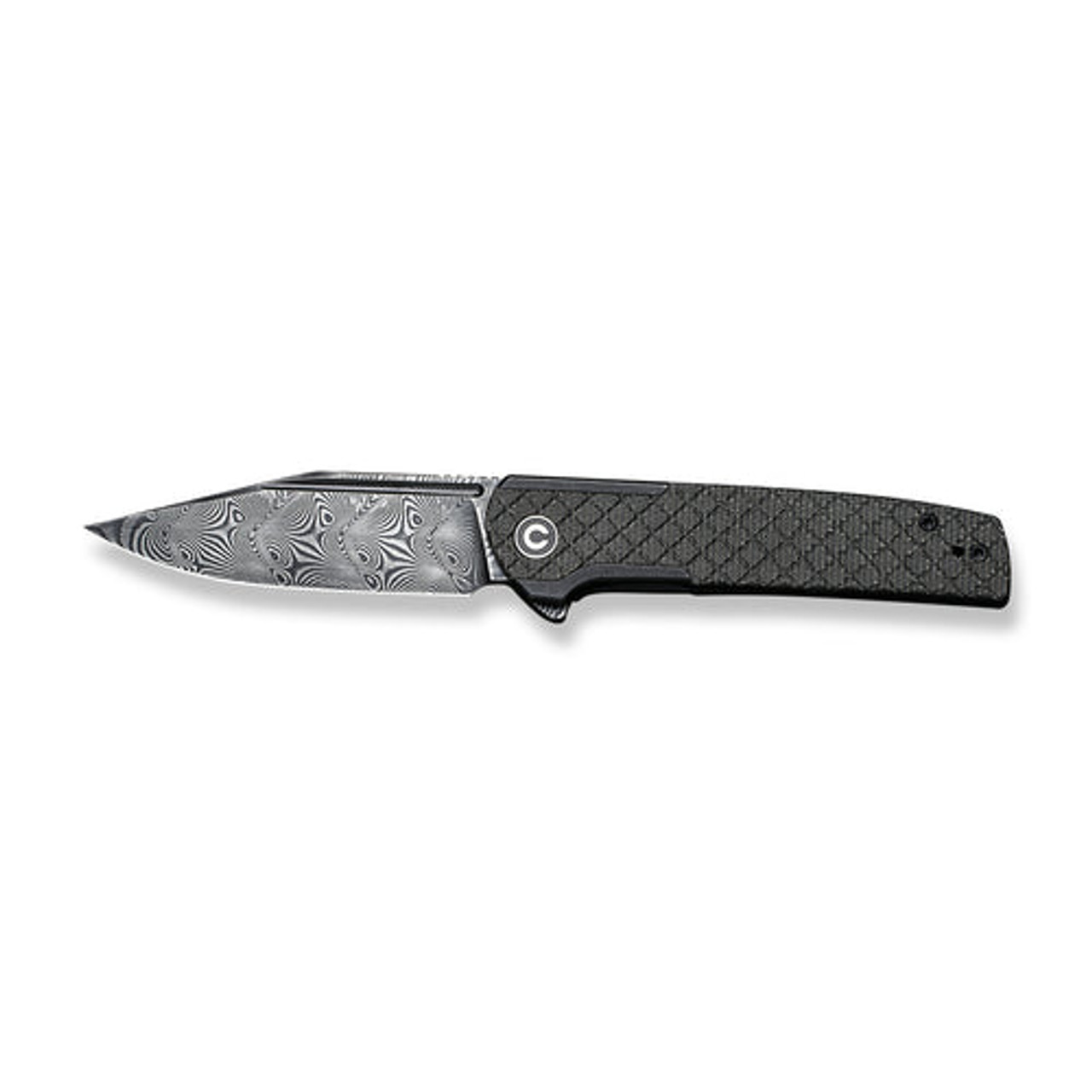 Civivi Cachet Flipper (C20041B-DS1) 3.48" Black Hand Rubbed Damascus Clip Point Blade, Diamond Patterned Black Steel Handle With Dark Green Canvas Micarata Inlay