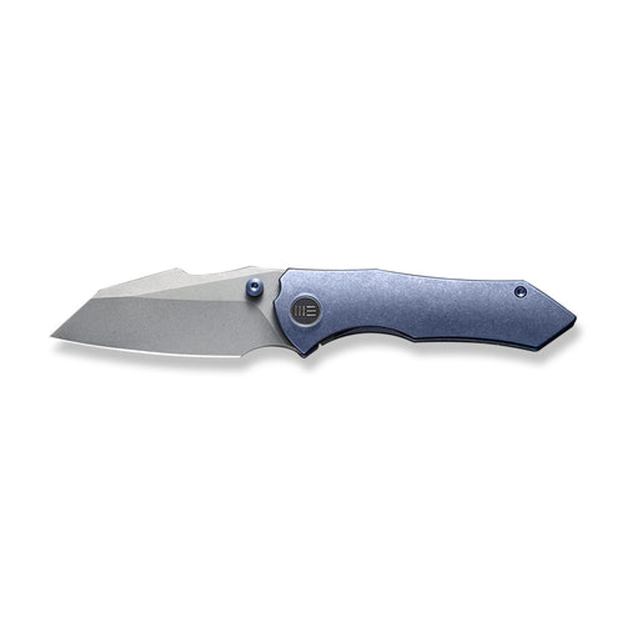 We Knife High-Fin Thumb Stud Knife (WE22005-3) 2.98" Gray Stonewashed CPM-20CV Reverse Tanto Plain Blade, Blue 6AL4V Titanium Handle