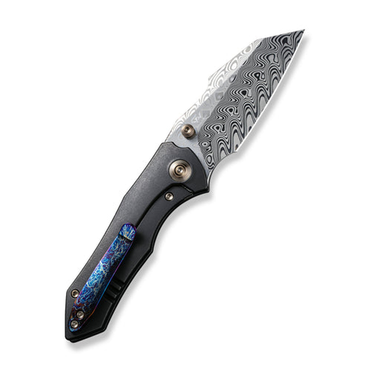 We Knife High-Fin Thumb Stud Knife (WE22005-DS1) 2.98" Hakkapella Damasteel Reverse Tanto Plain Blade, Black 6AL4V Titanium Handle