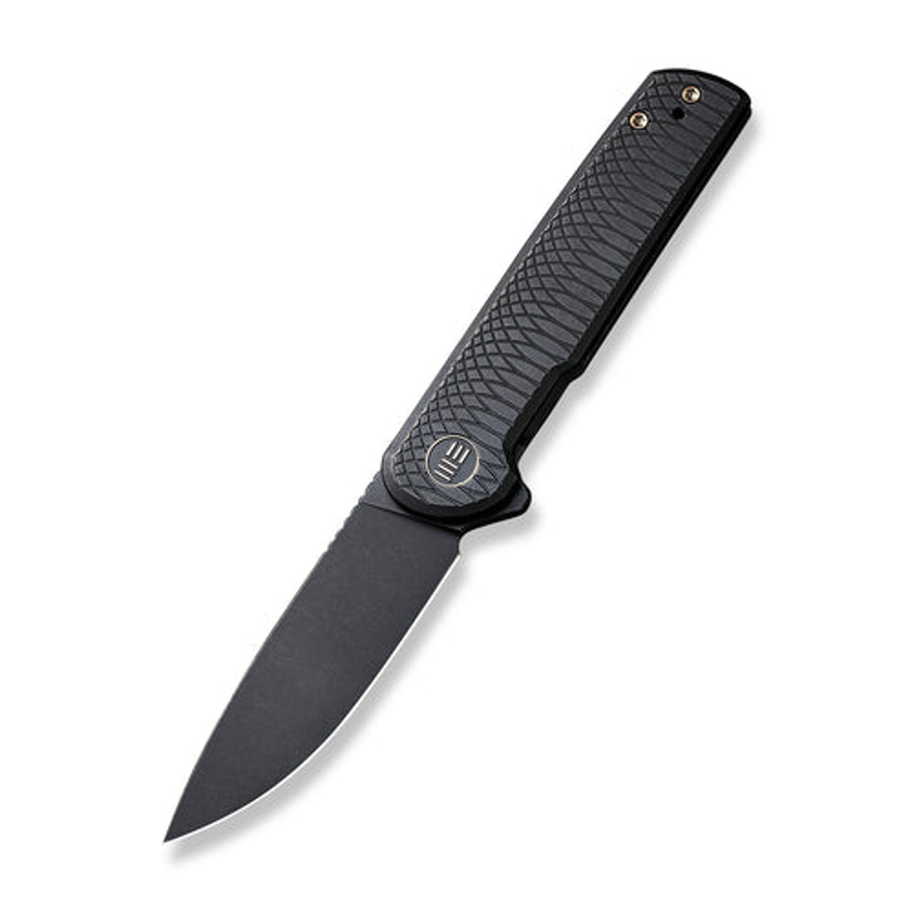 WE Knife Charith Flipper Knife (WE20056-1) 2.98" Black Stonewashed CPM-20CV Plain Drop Point Blade, Ripple Patterned Black 6AL4V Titanium Handle