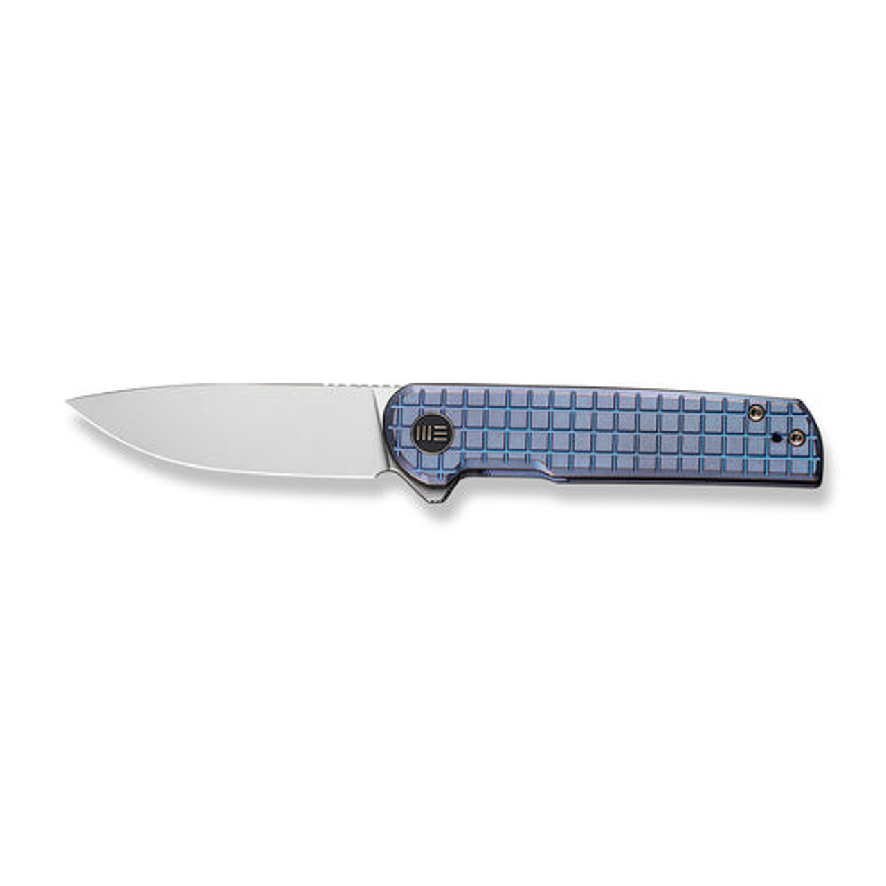 WE Knife Charith (WE20056-2) 2.98" CPM-20CV Bead Blasted Drop Point Plain Blade, Frag Patterned Blue 6AL4V Titanium Handle