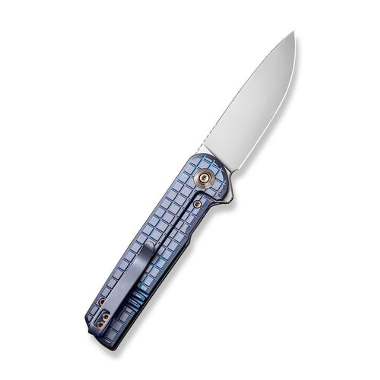 WE Knife Charith (WE20056-2) 2.98" CPM-20CV Bead Blasted Drop Point Plain Blade, Frag Patterned Blue 6AL4V Titanium Handle