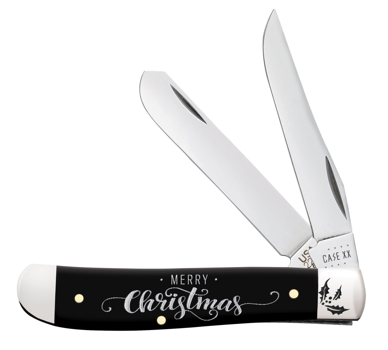 Case Trapper Merry Christmas (10619) - Tru-Sharp Surgical Stainless Steel Clip and Spey Blade, Merry Christmas Engraved Black Synthetic Handle(2207 SS)
