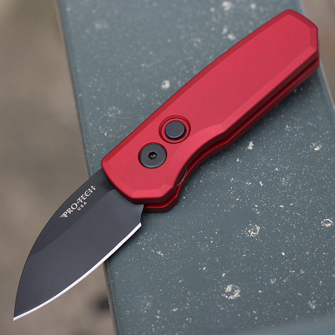 Pro-Tech Runt 5 Automatic (R5303-RED) - 1.9" MAGNACUT DLC Black Wharncliffe Blade, Red Aluminum Handle