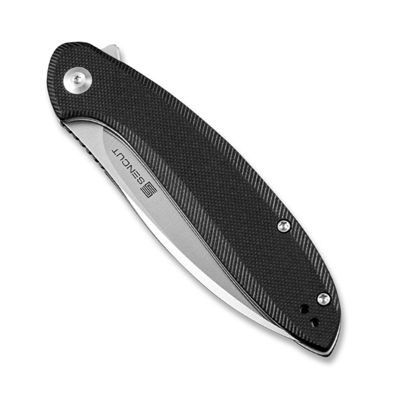 Sencut San Angelo Flipper Knife (S21003-1) 3.48" Satin 9Cr18MoV Drop Point Plain Blade, Black G-10 Handle
