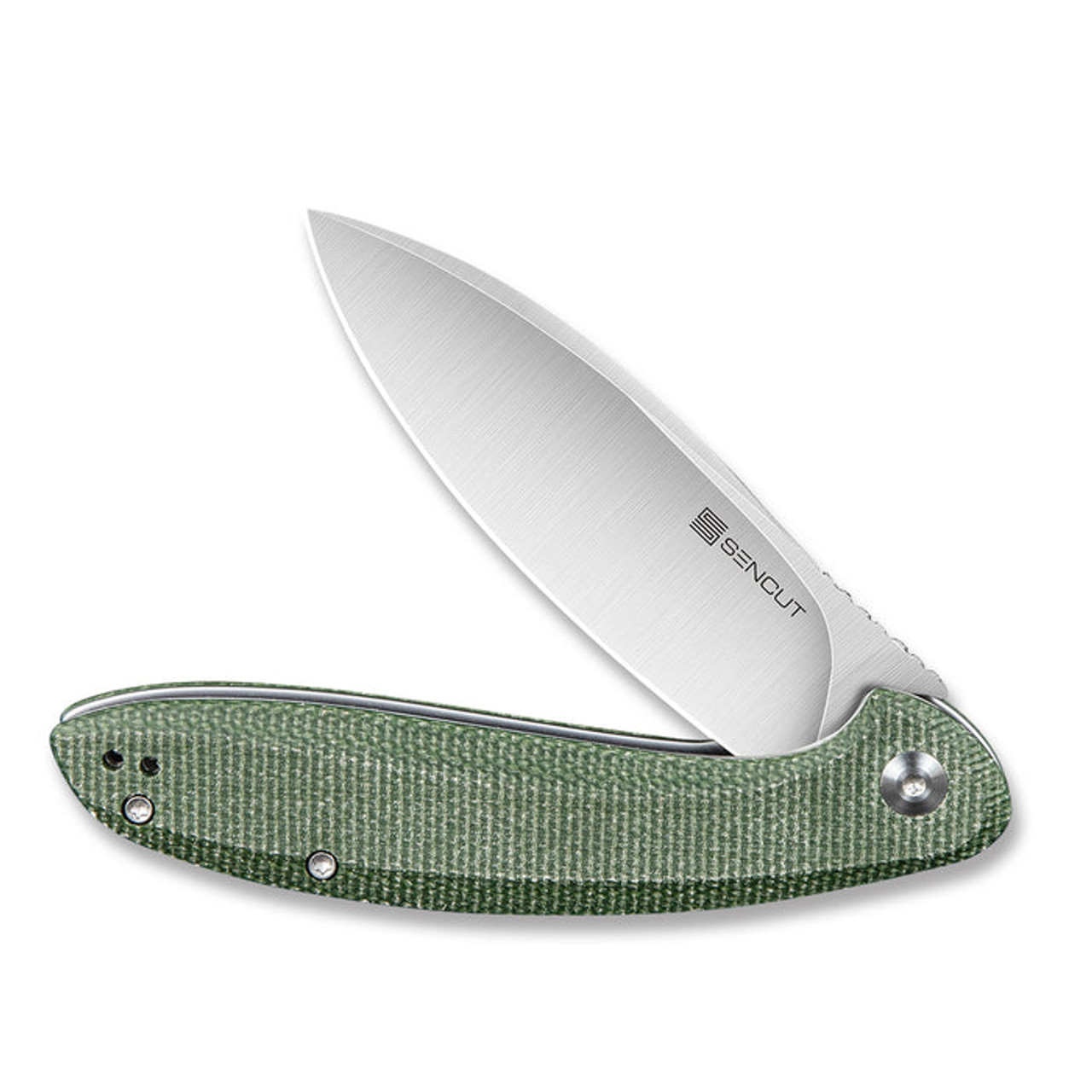 Sencut San Angelo Flipper Knife (S21003-3) 3.48" Satin 9Cr18MoV Drop Point Plain Blade, Green Micarta Handle